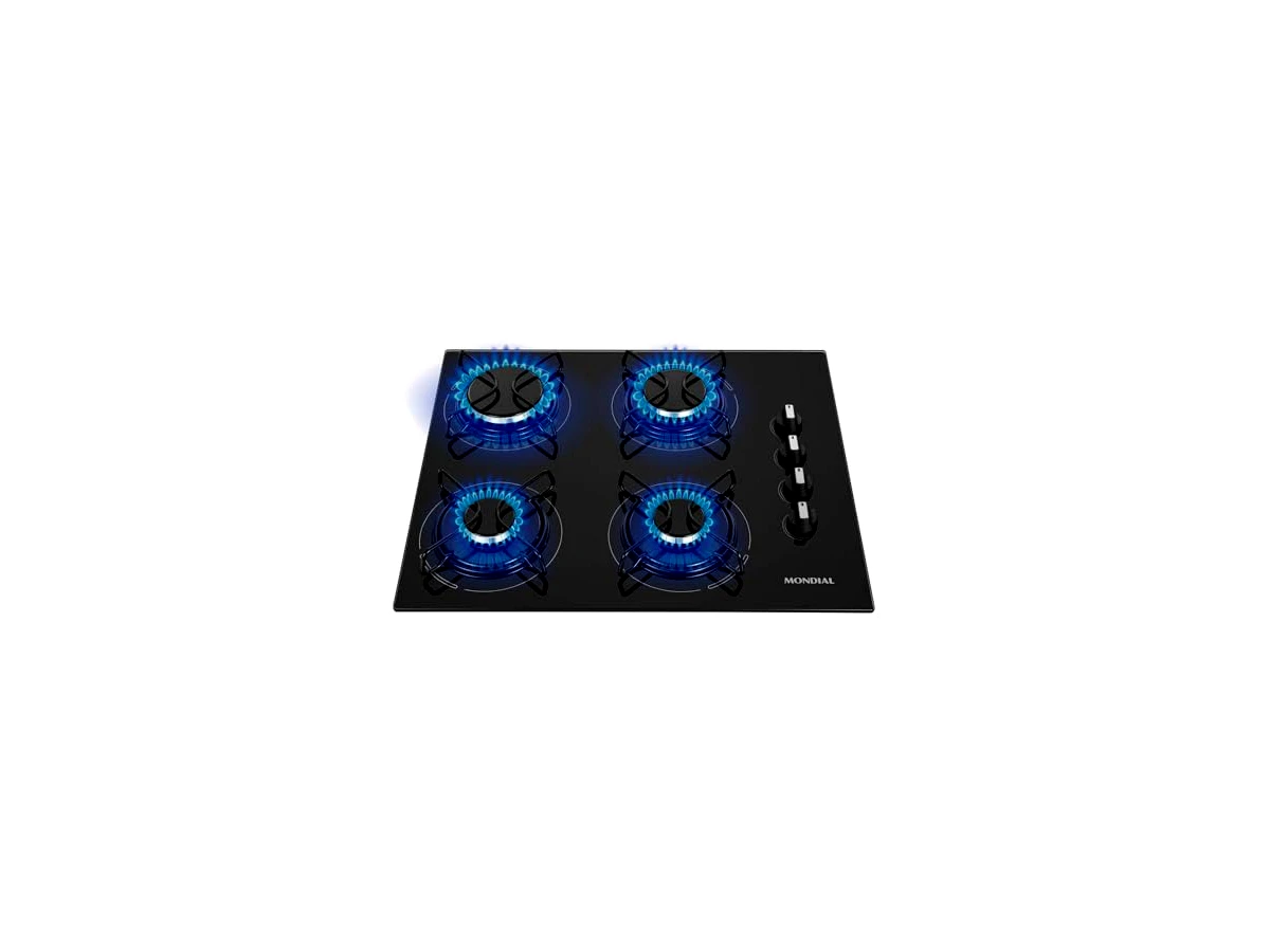 Cooktop a Gás Mondial 4 Bocas Preto/Inox CTG-01 Bivolt — não confundir com o CTG-02 de 5 bocas ou o CTG-03 de 5 bocas com tripla chama