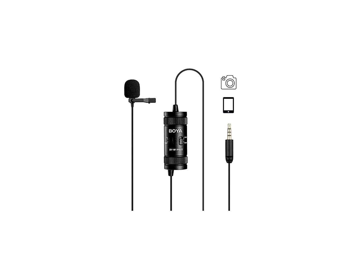 BOYA Microfone de lapela by-M1 Pro II com cancelamento de ruído omnidirecional com porta de monitoramento para criação de conteúdo de transmissão de entrevistas no YouTube Tiktok