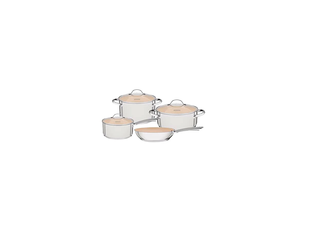 Jogo de Panelas Tramontina Una Ceramic em Aço Inox com Fundo Triplo e Revestimento Cerâmico Bege 4 Peças