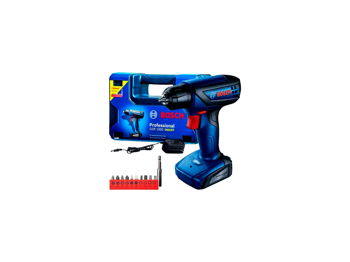 Bosch GSR 1000 Smart 12V, kit com acessórios, bateria integrada de 1,5 Ah e carregador bivolt