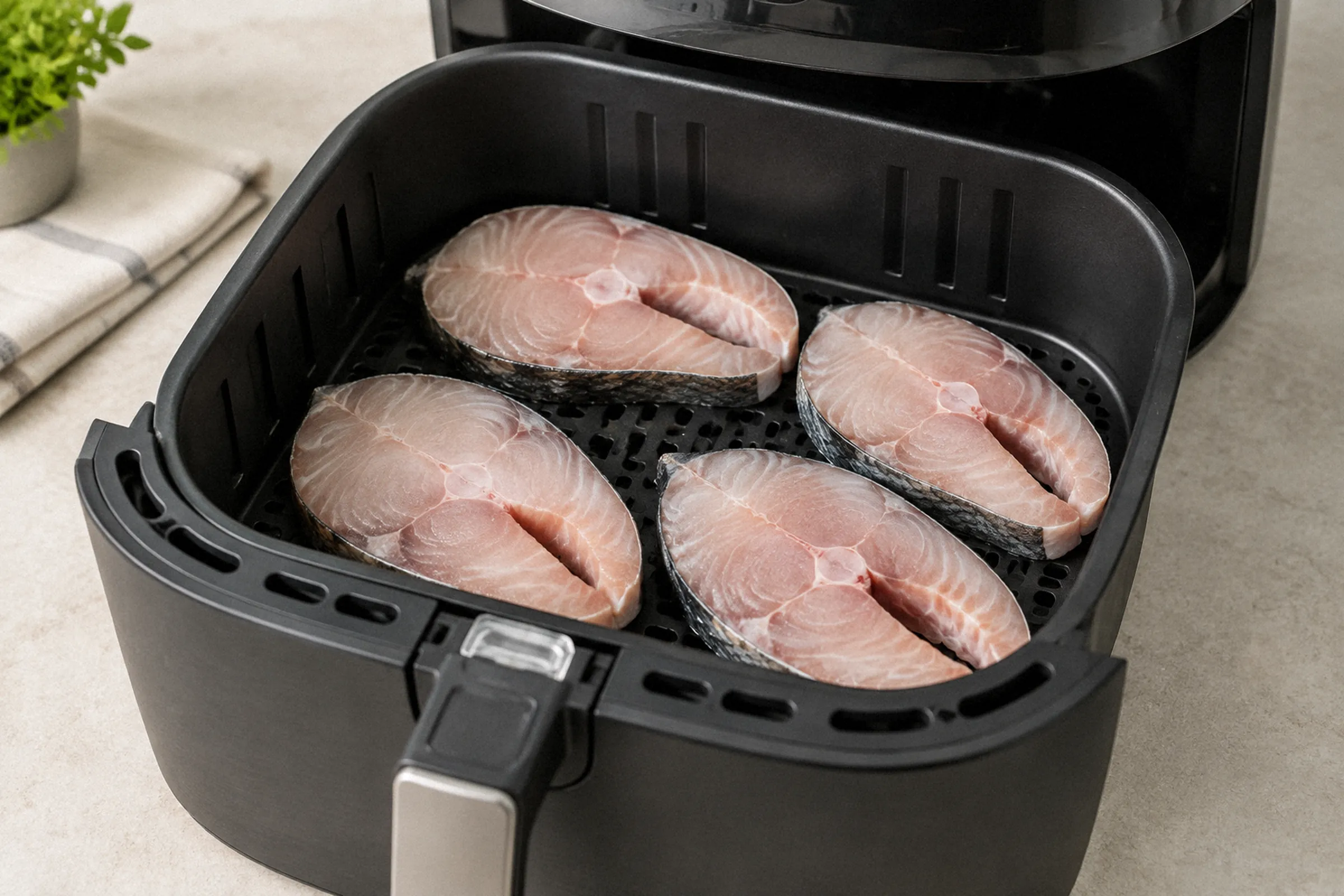 Cesto largo aberto com postas de peixe dispostas lado a lado em uma única camada, sem sobreposição.