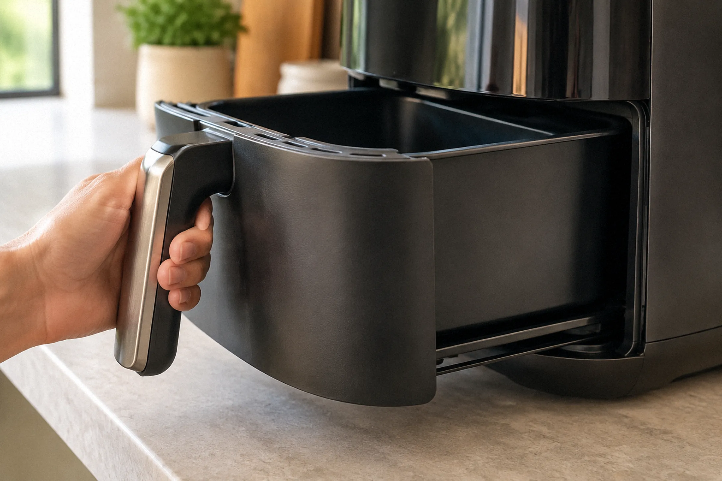Mão conduzindo a gaveta da air fryer alinhada aos trilhos, em enquadramento próximo do puxador e do encaixe.