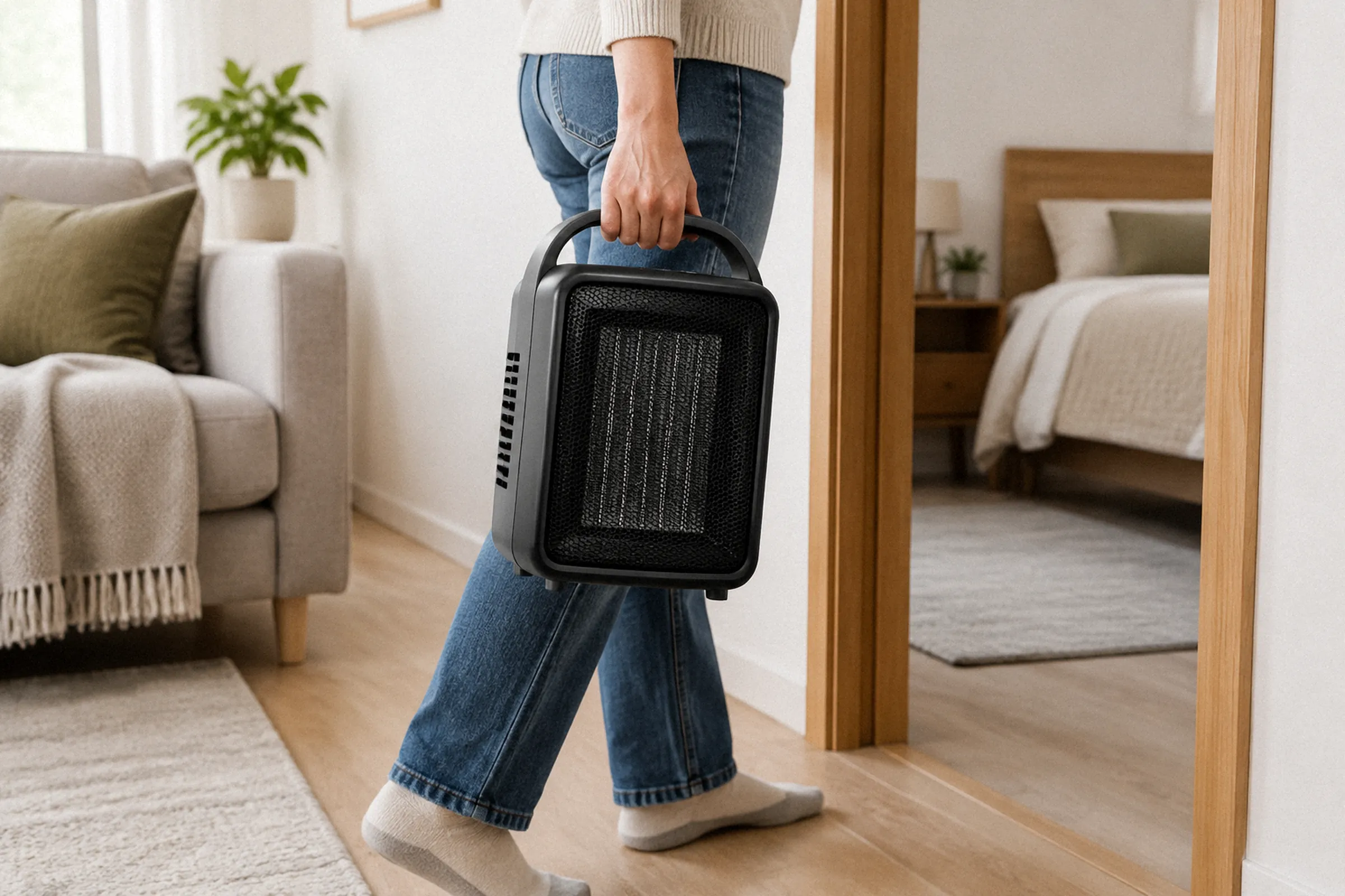 Pessoa carrega um aquecedor compacto pela alça integrada, com uma mão, entre a sala e o quarto.