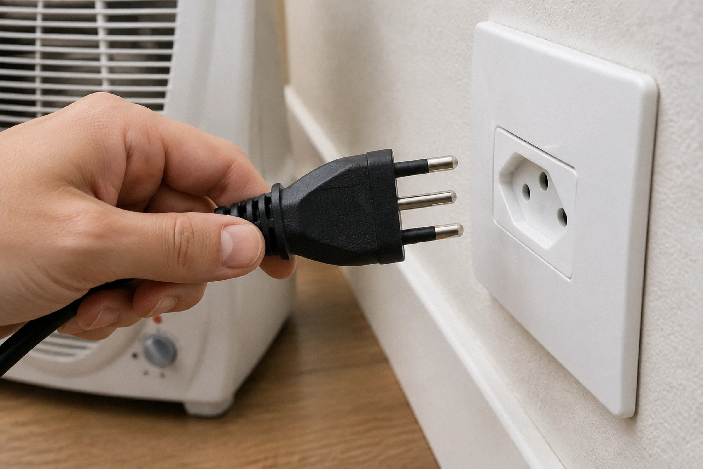 Close mostra a mão alinhando o plugue de três pinos do aquecedor diante de uma tomada residencial, destacando o formato e a espessura dos pinos.
