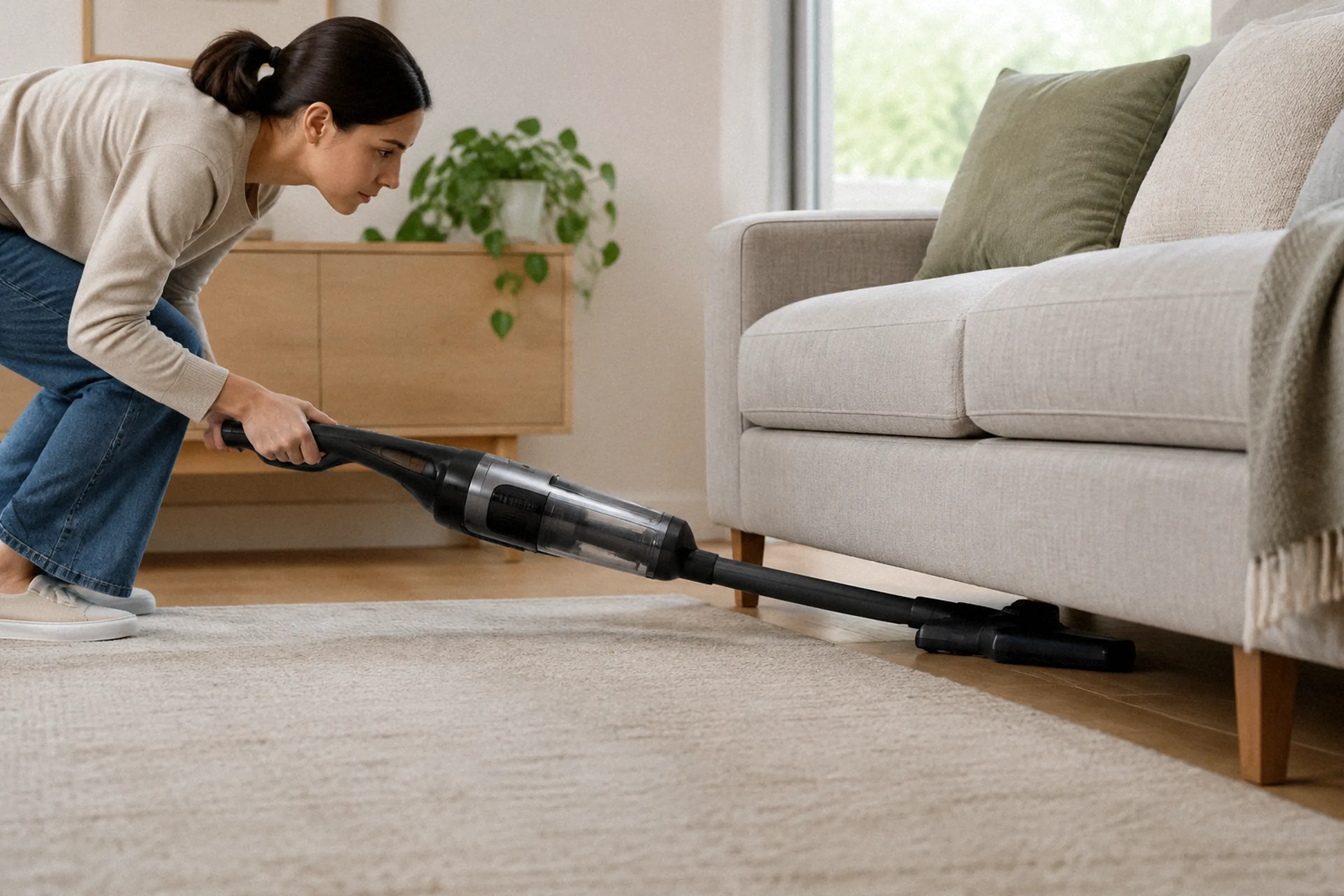 Em enquadramento lateral, uma pessoa inclina o aspirador quase na horizontal para conduzir o bocal sob um sofá baixo.