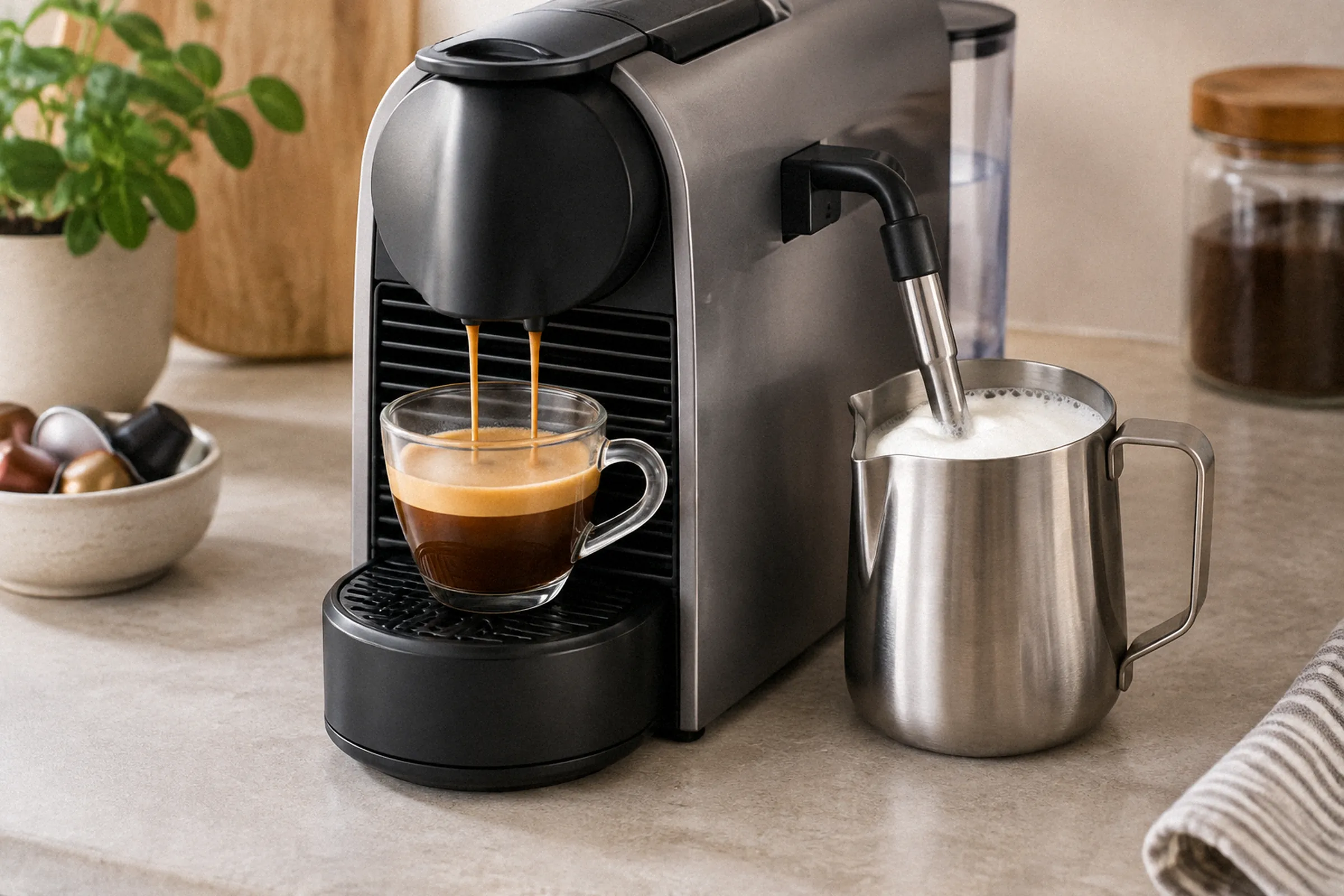 A cafeteira extrai café em uma xícara enquanto uma haste de vapor espuma leite em uma pequena jarra metálica ao lado.