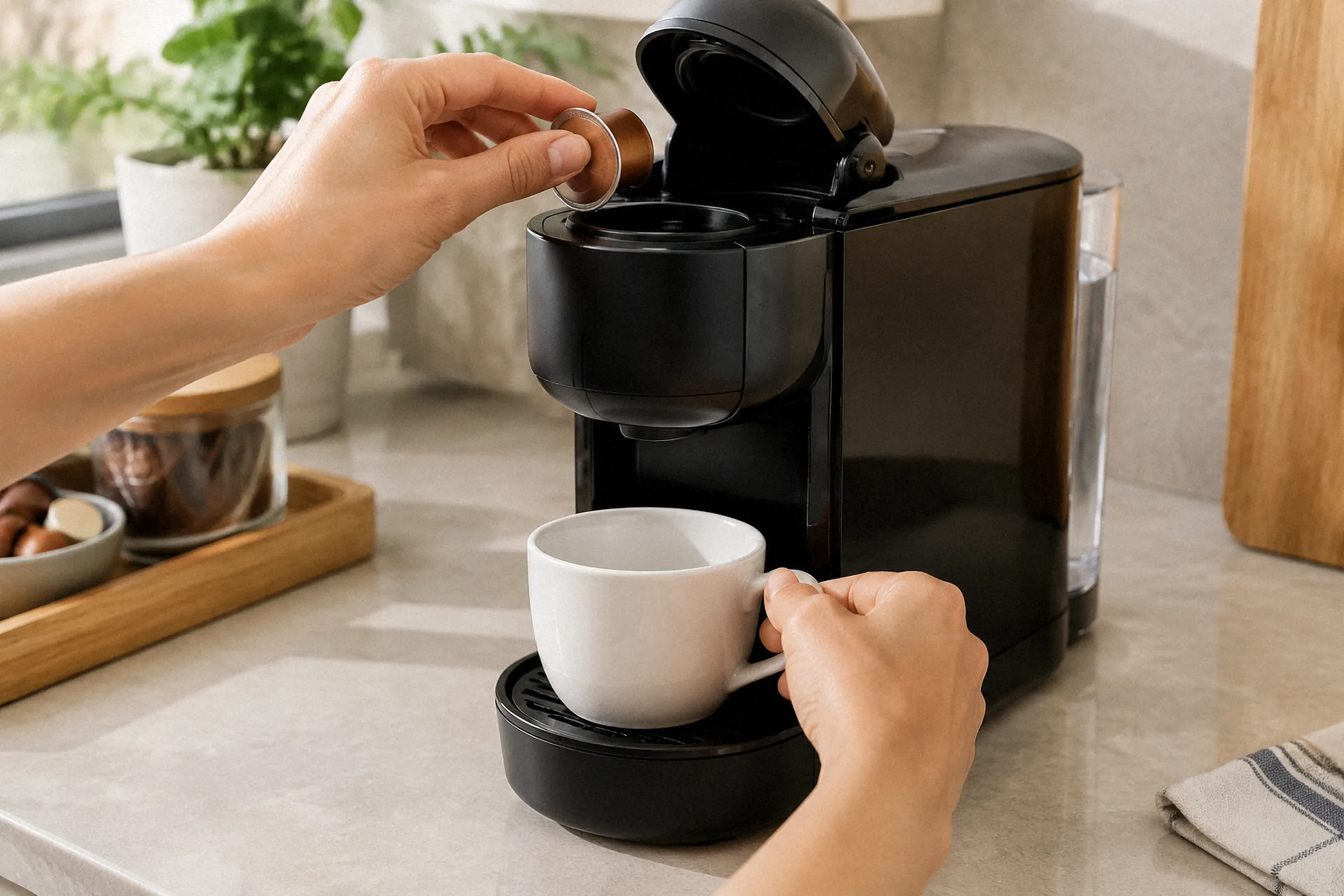 Uma mão encaixa uma cápsula na cafeteira enquanto a outra posiciona uma xícara na bandeja, em enquadramento fechado da bancada.