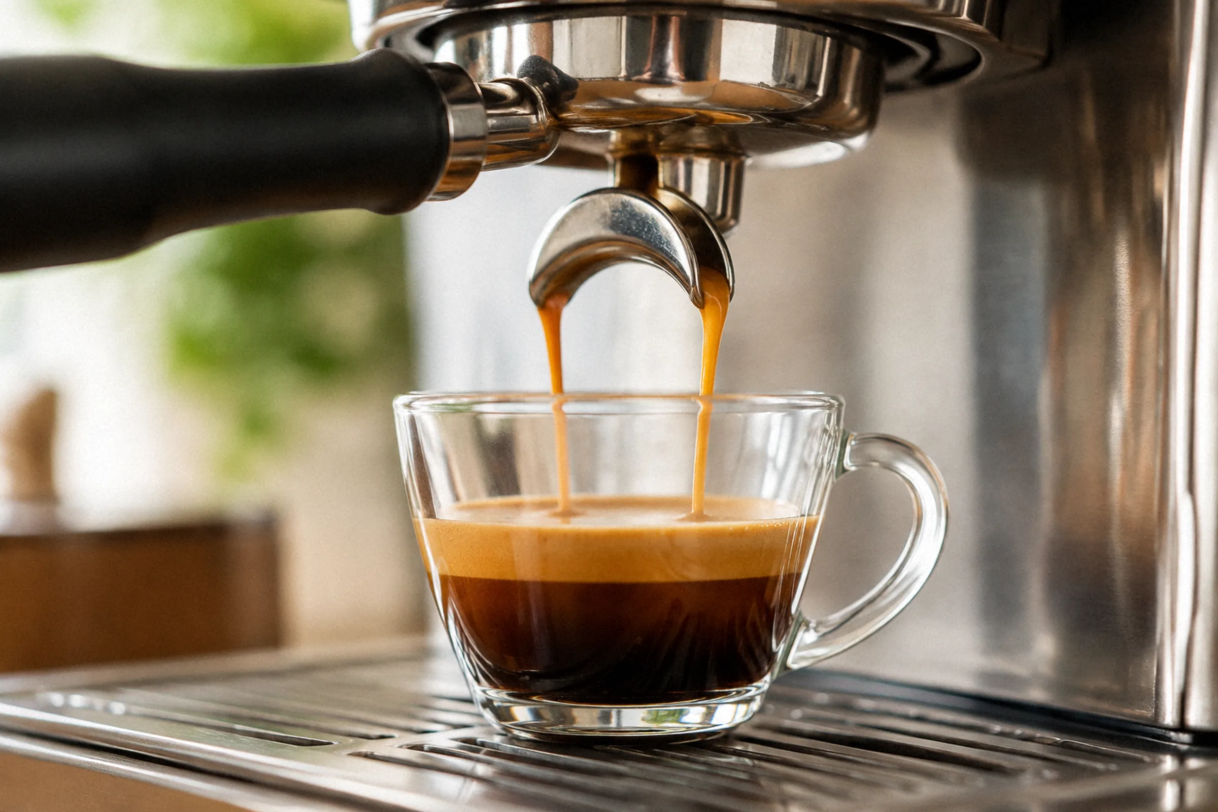 Um espresso flui do porta-filtro para uma xícara transparente, com a formação da camada de crema vista em close lateral.