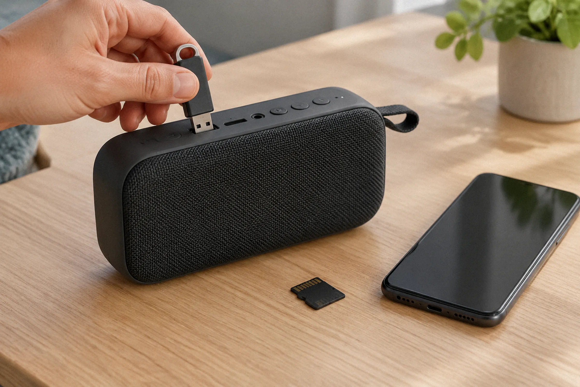 Uma mão insere um pen drive na i2GO Essential Sound Go enquanto um cartão de memória e um celular ficam ao lado da caixa.