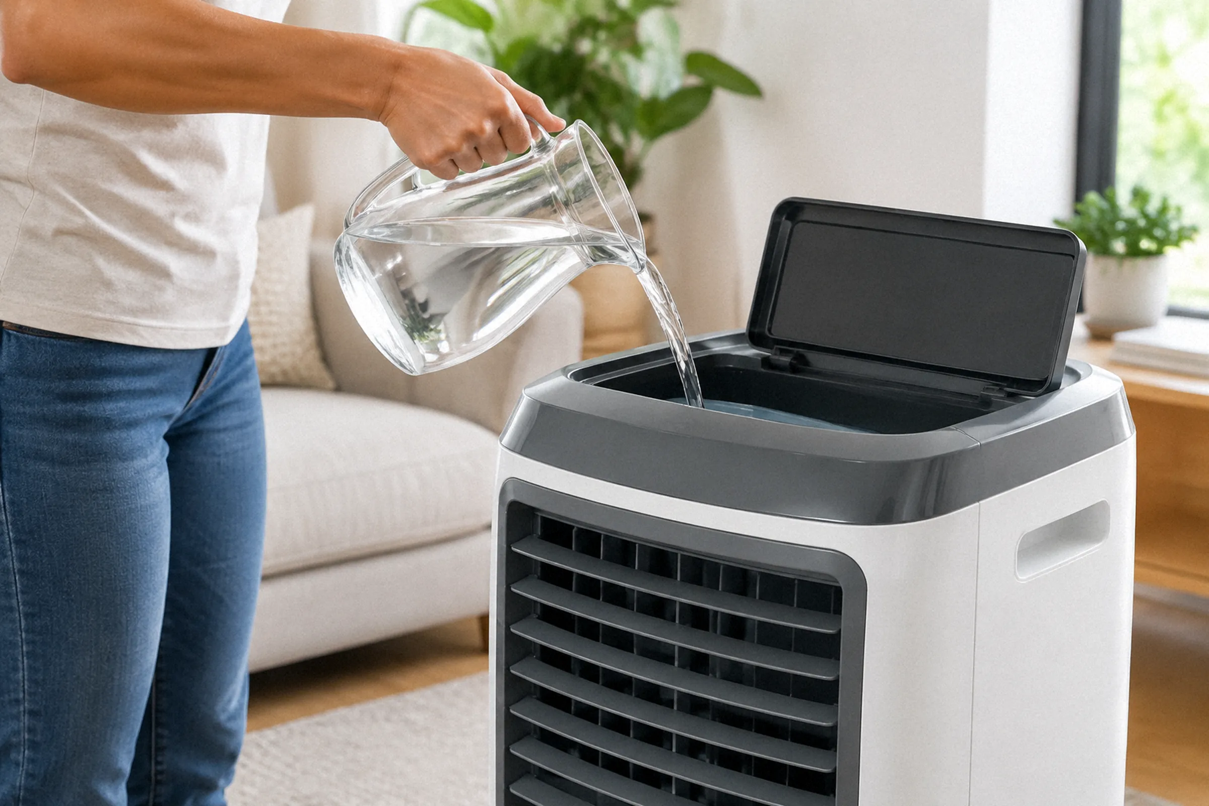 Pessoa despeja água de uma jarra na abertura superior do climatizador, sem precisar se abaixar.