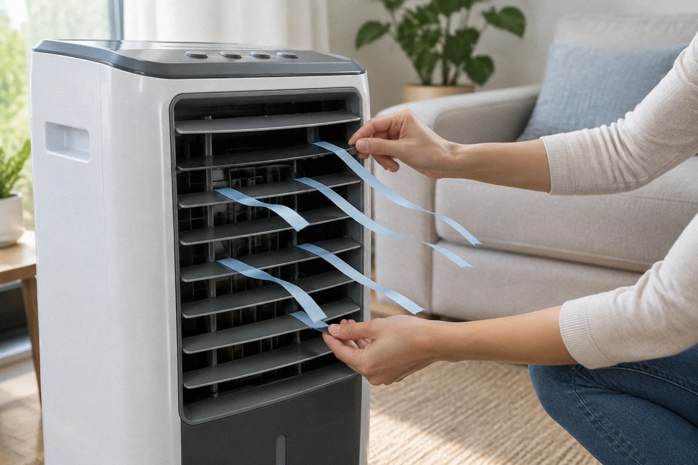 Pessoa ajusta manualmente as aletas frontais do climatizador enquanto fitas leves presas à grade indicam a direção do fluxo de ar.