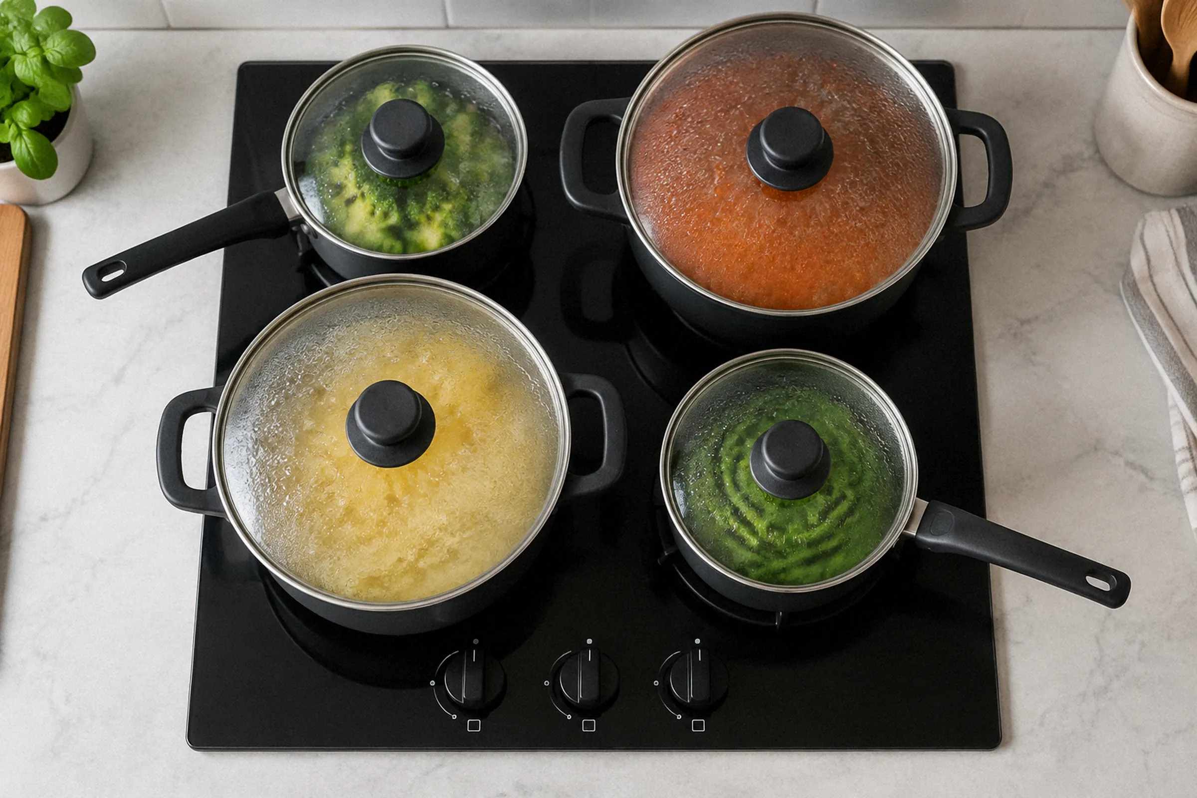 Vista superior do cooktop com duas panelas médias e duas grandes ocupando as quatro bocas, mostrando a proximidade entre cabos e recipientes.