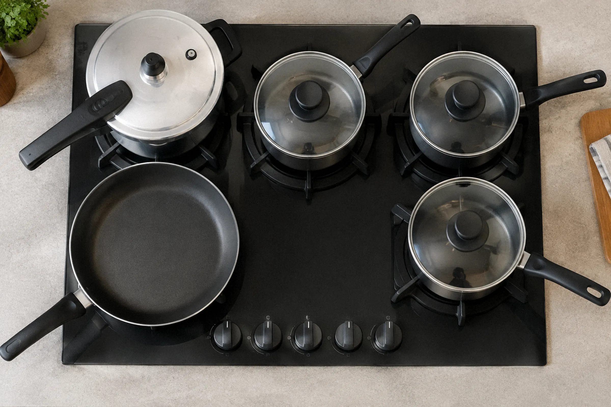 Vista superior de um cooktop de cinco bocas ocupado por uma panela de pressão, uma frigideira grande e três panelas médias, com os cabos visíveis.