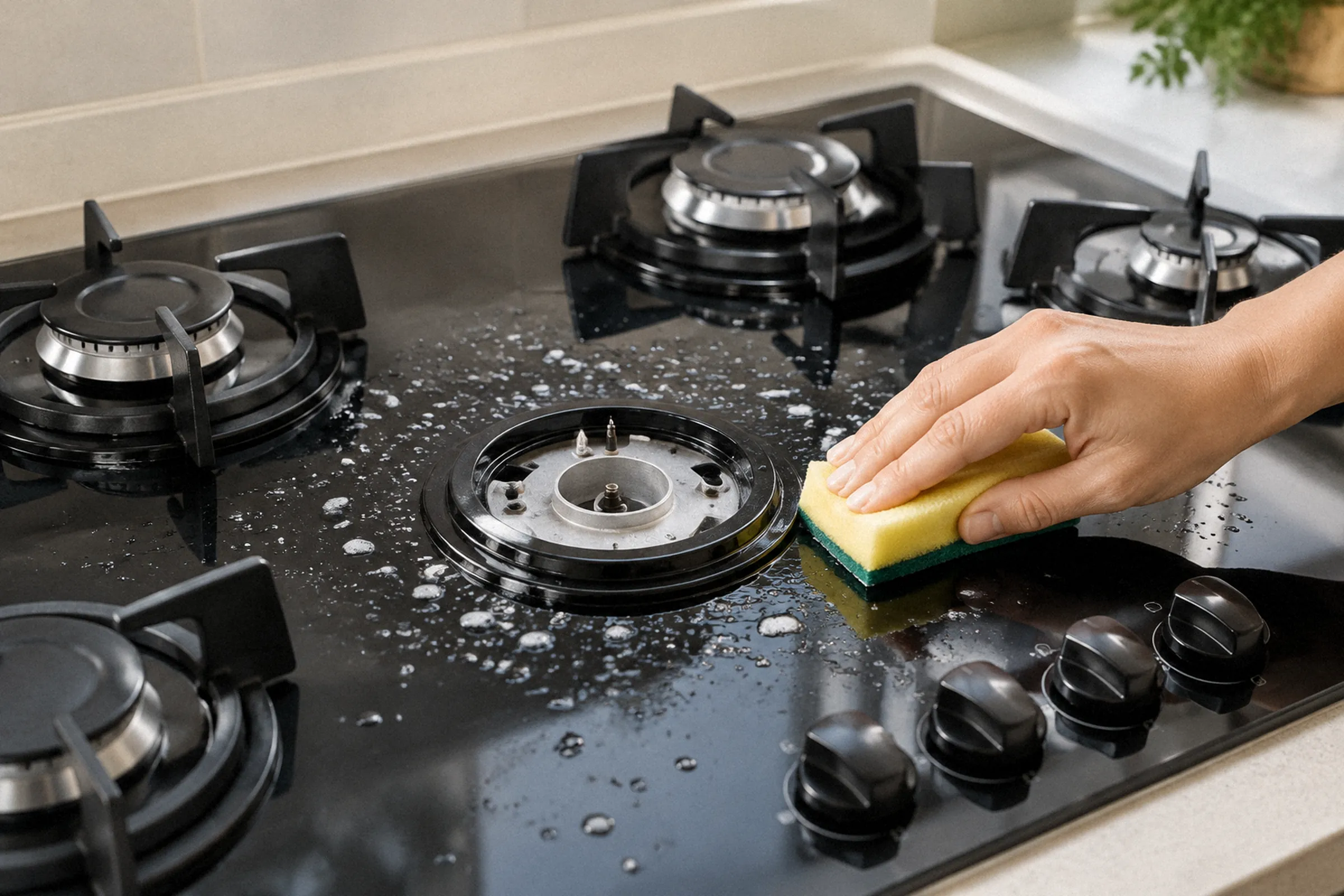 Close de uma mão passando esponja macia ao redor de um queimador removido, com respingos visíveis sobre a mesa do cooktop.