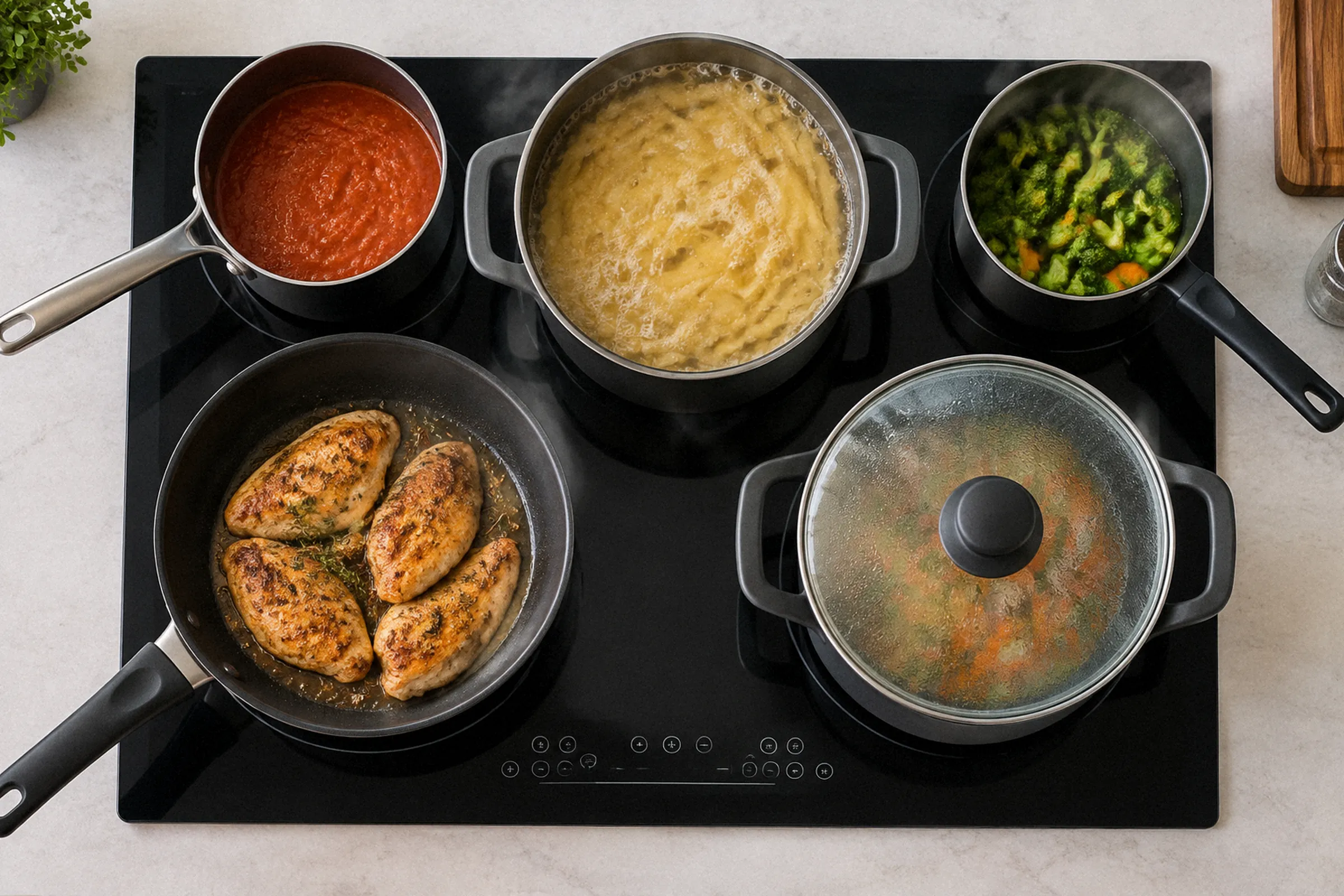 Vista superior de um cooktop com cinco panelas de tamanhos variados ocupando todas as zonas, com cabos, bordas e painel frontal visíveis.
