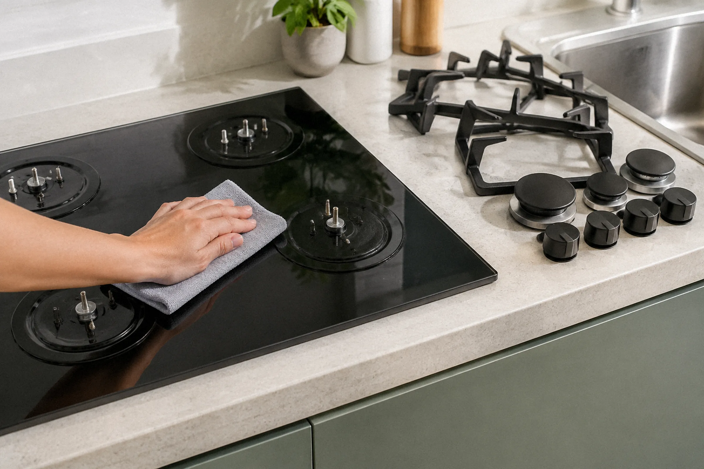 Mão passa um pano sobre a superfície lisa do cooktop, enquanto grades e botões removidos aparecem ao lado da pia.