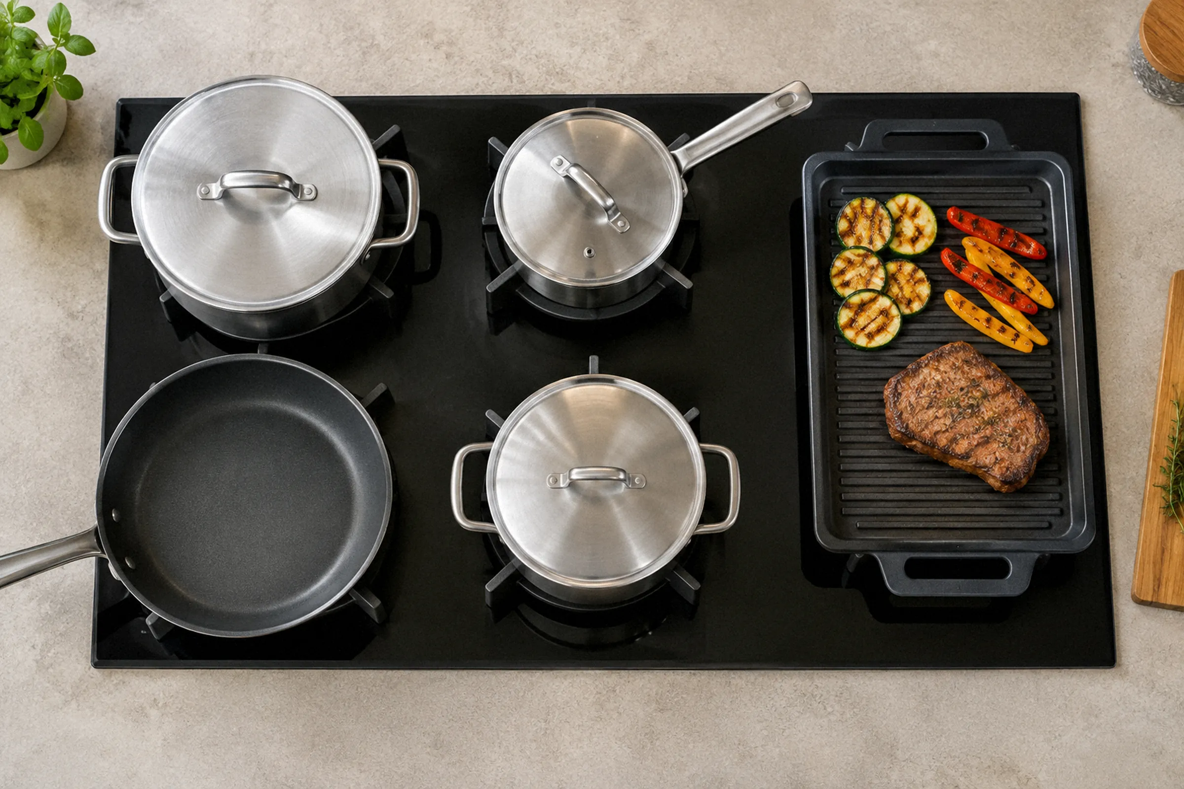 Vista superior de um cooktop ocupado por panelas, frigideira e chapa retangular, mostrando a distância e o encaixe entre os utensílios.