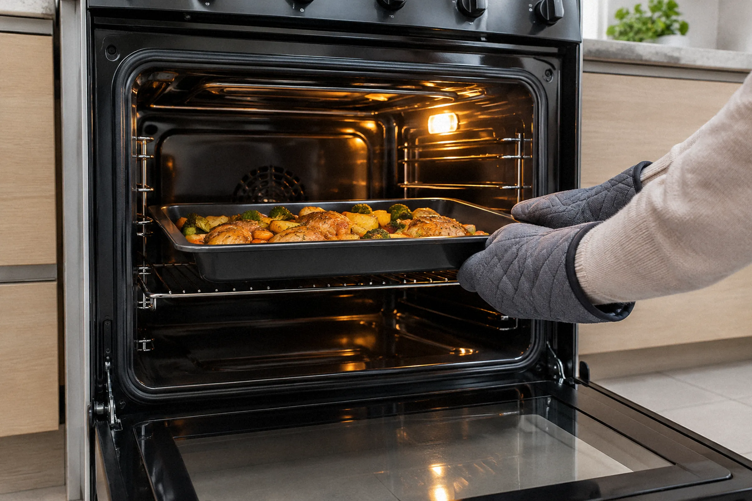 Pessoa usando luvas térmicas para retirar uma assadeira do forno aberto.