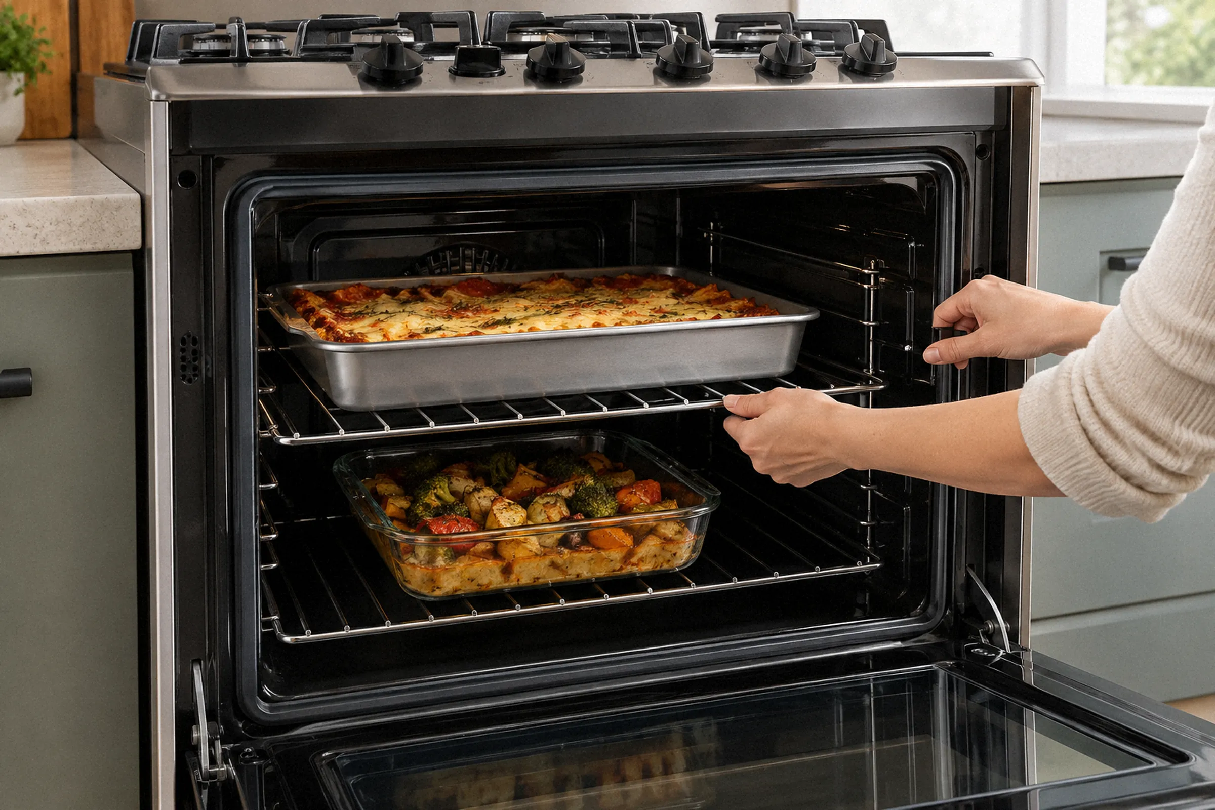 Forno aberto com duas prateleiras ocupadas por assadeiras de tamanhos diferentes, enquanto uma pessoa ajusta a altura de uma delas pelos trilhos laterais.