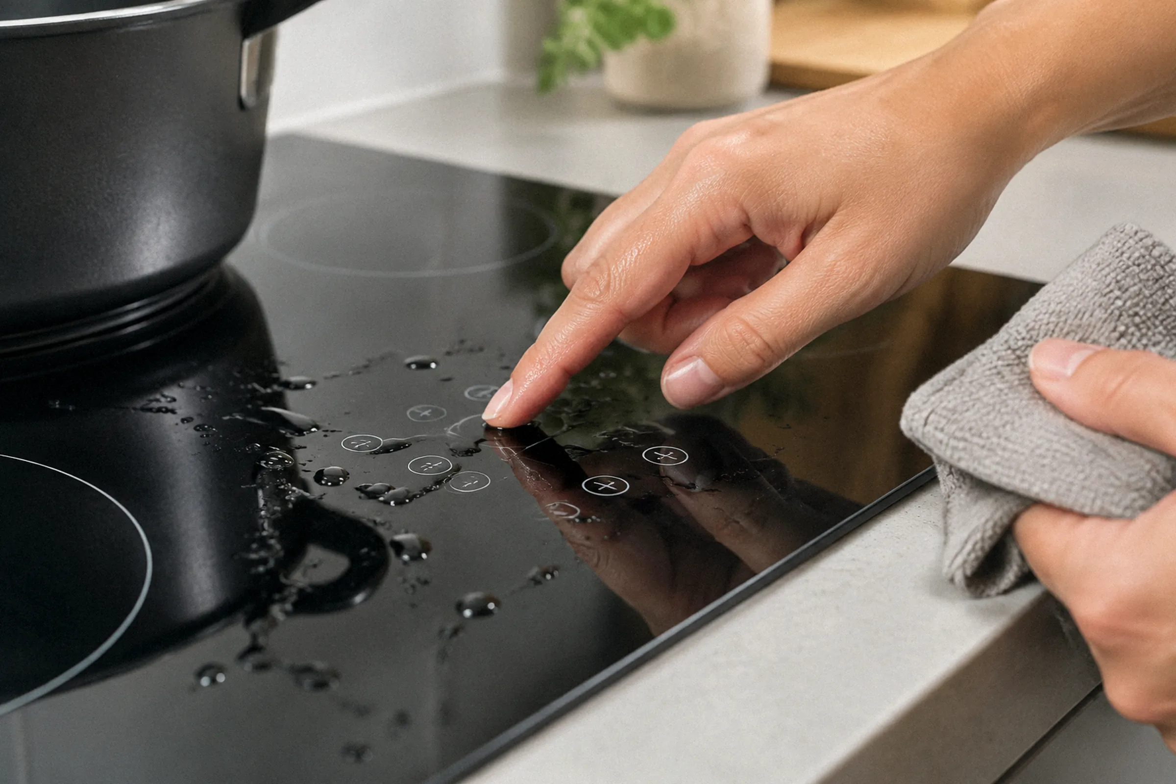 Close no painel touch com gotas de água, enquanto uma mão com dedos úmidos toca o controle e a outra segura um pano.