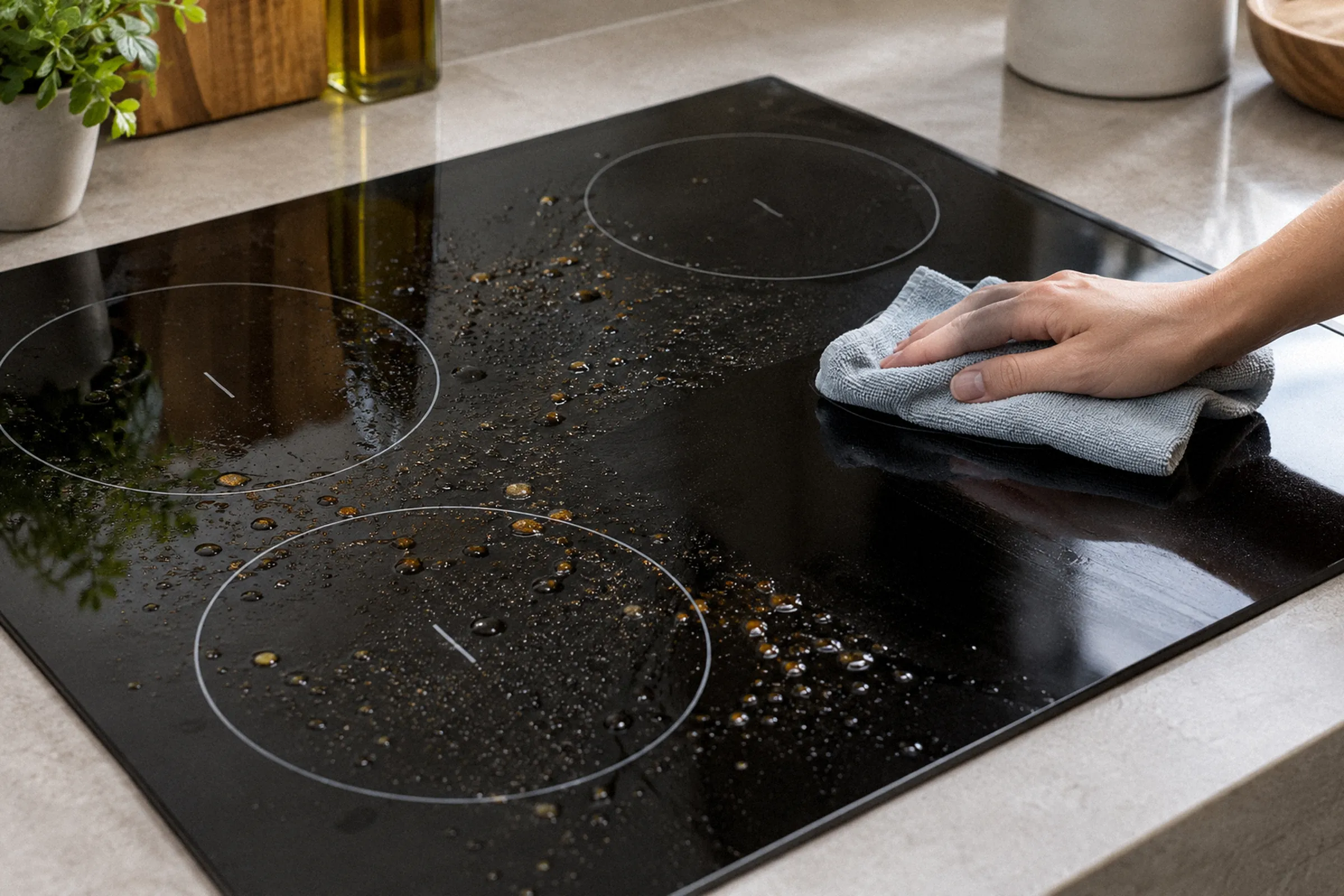 Vista inclinada do cooktop após o preparo, com respingos de gordura sobre o vidro e uma mão passando um pano úmido ao redor das zonas.