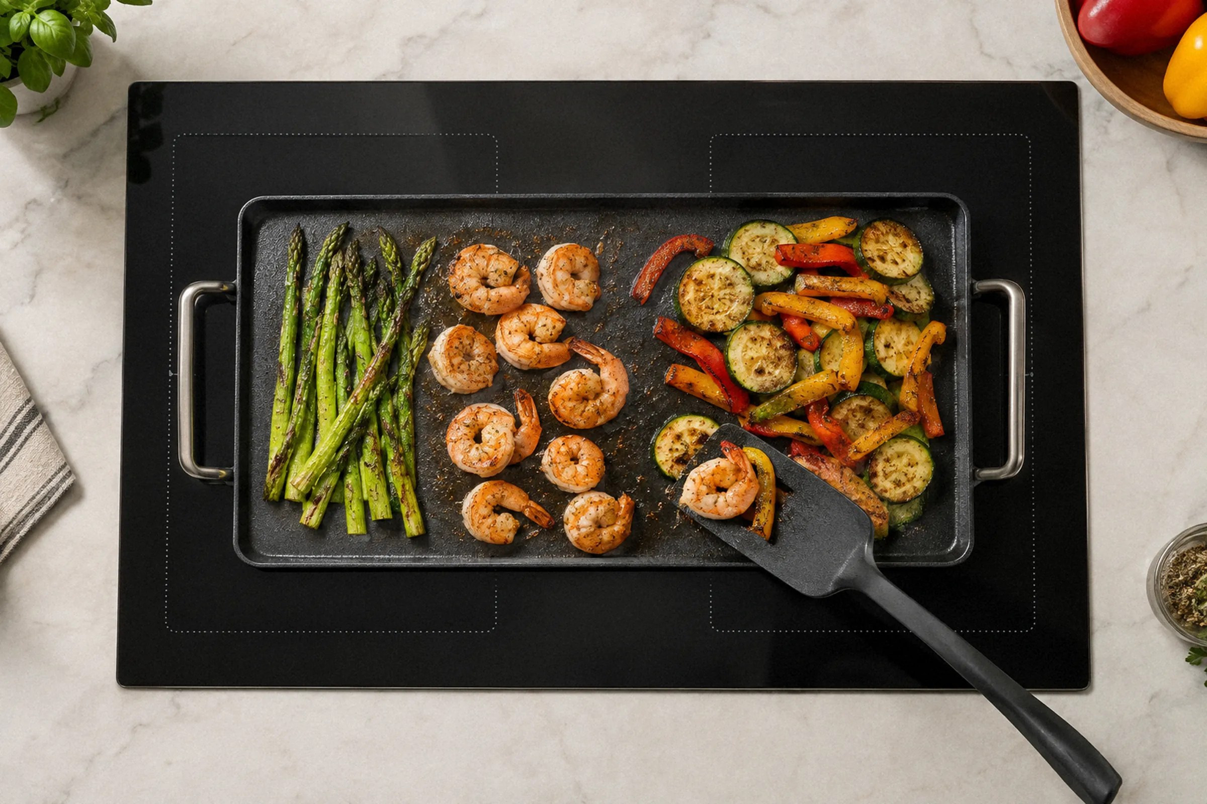 Vista superior de uma chapa retangular atravessando duas zonas demarcadas do cooktop, com alimentos distribuídos e uma espátula virando uma das porções.