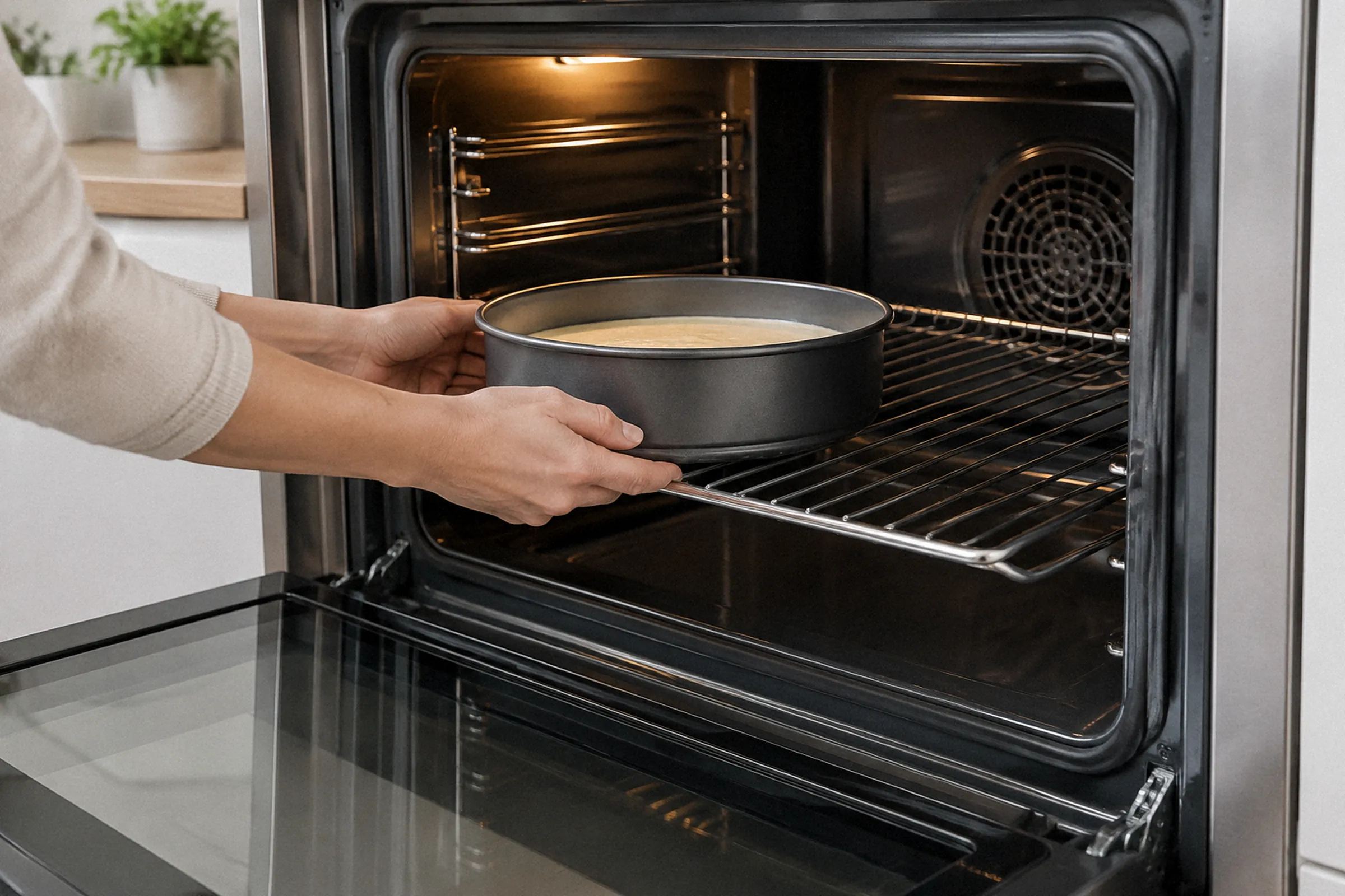 Uma pessoa desliza uma forma redonda para dentro do forno aberto, com a grade, os trilhos e o espaço ao redor claramente visíveis.