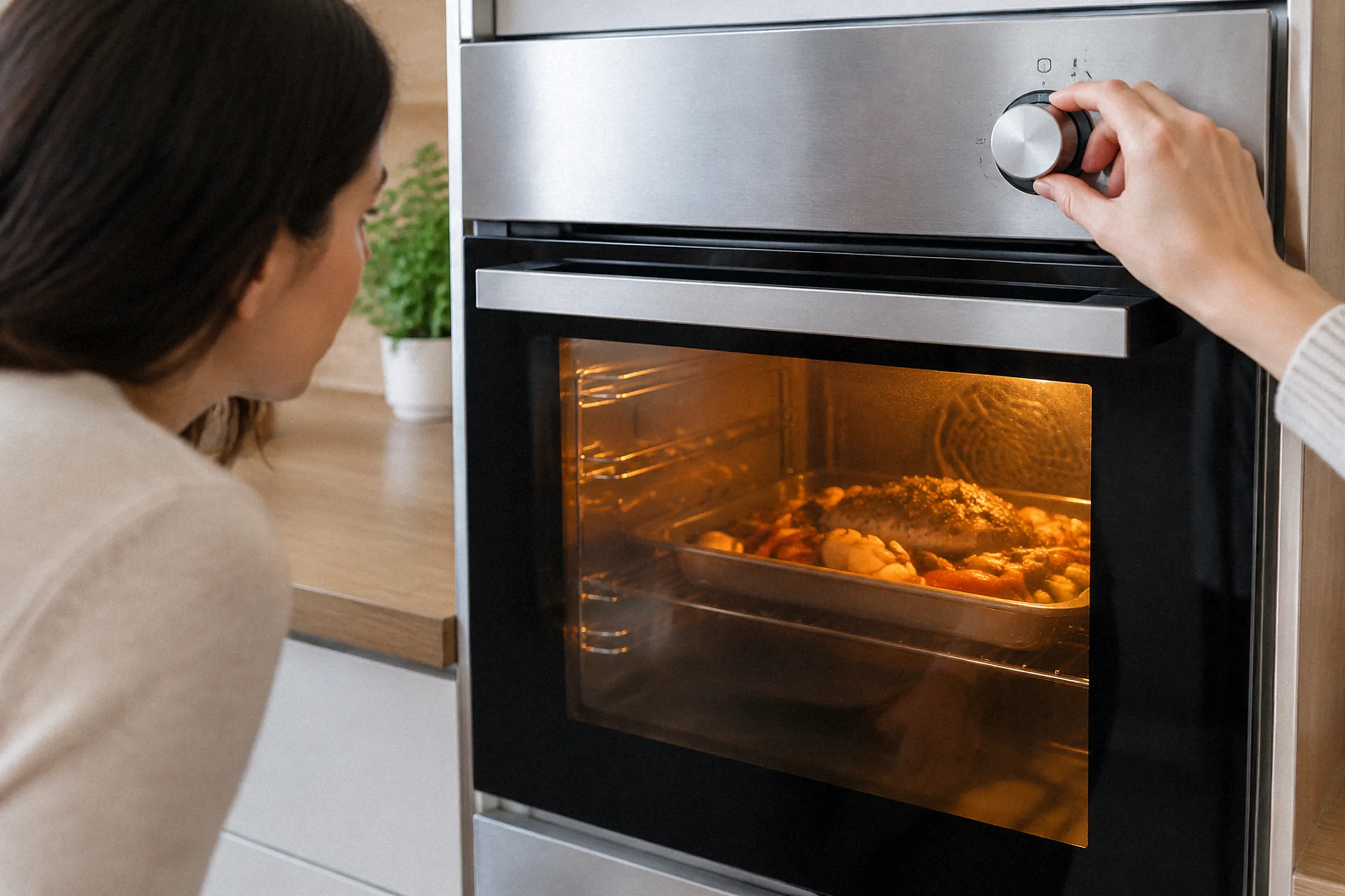 Uma mão ajusta o botão do painel enquanto a outra pessoa observa o alimento pela porta de vidro do forno iluminado.