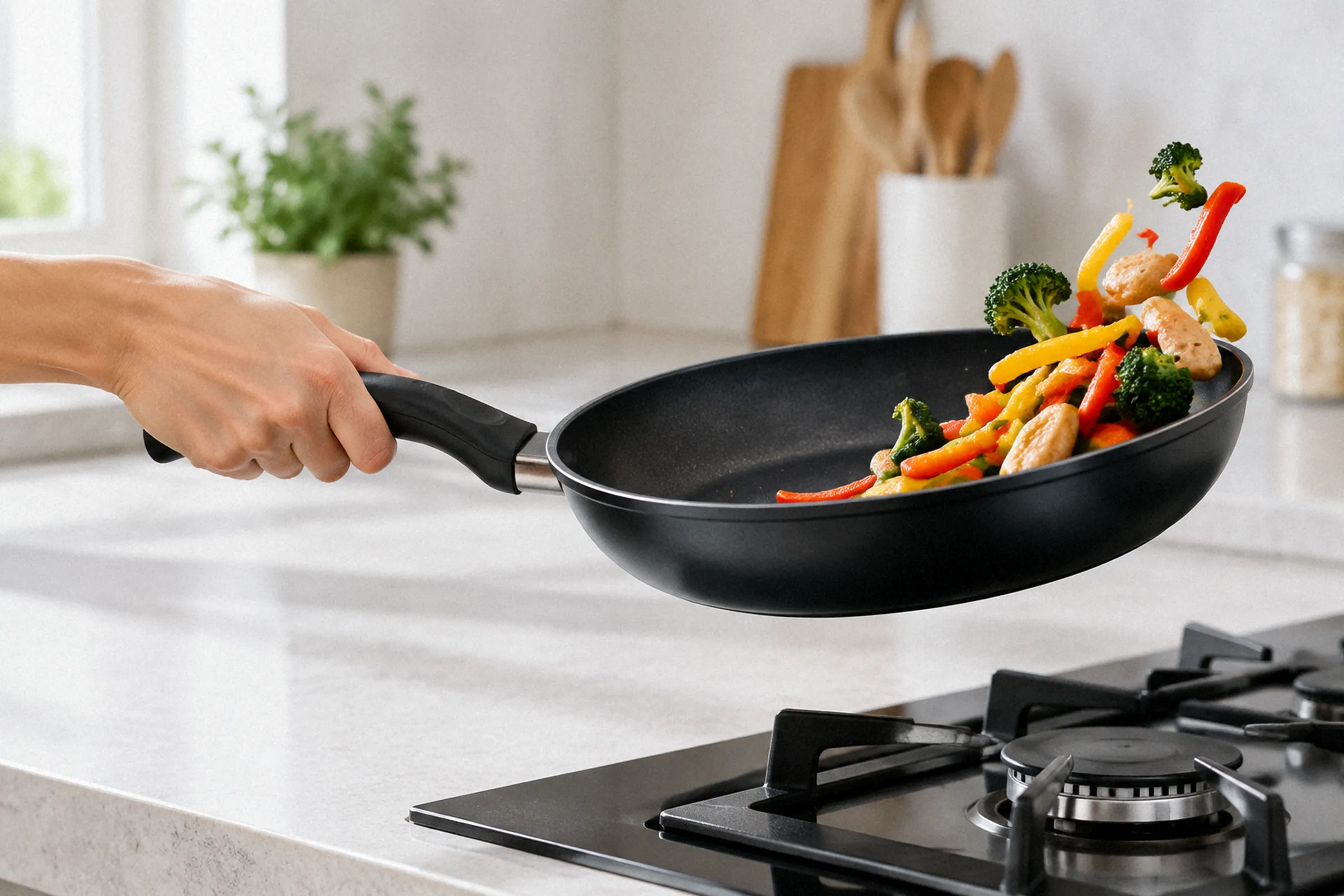 Mão segurando firmemente o cabo enquanto a frigideira é movimentada para saltear alimentos, vista na altura do pulso.