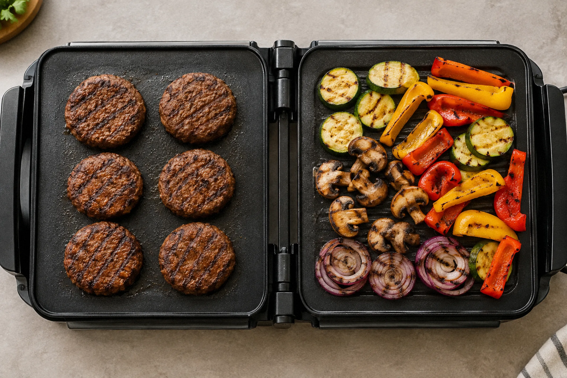 Vista superior de um grill aberto em 180°, com hambúrgueres distribuídos em uma chapa e legumes ocupando a outra.