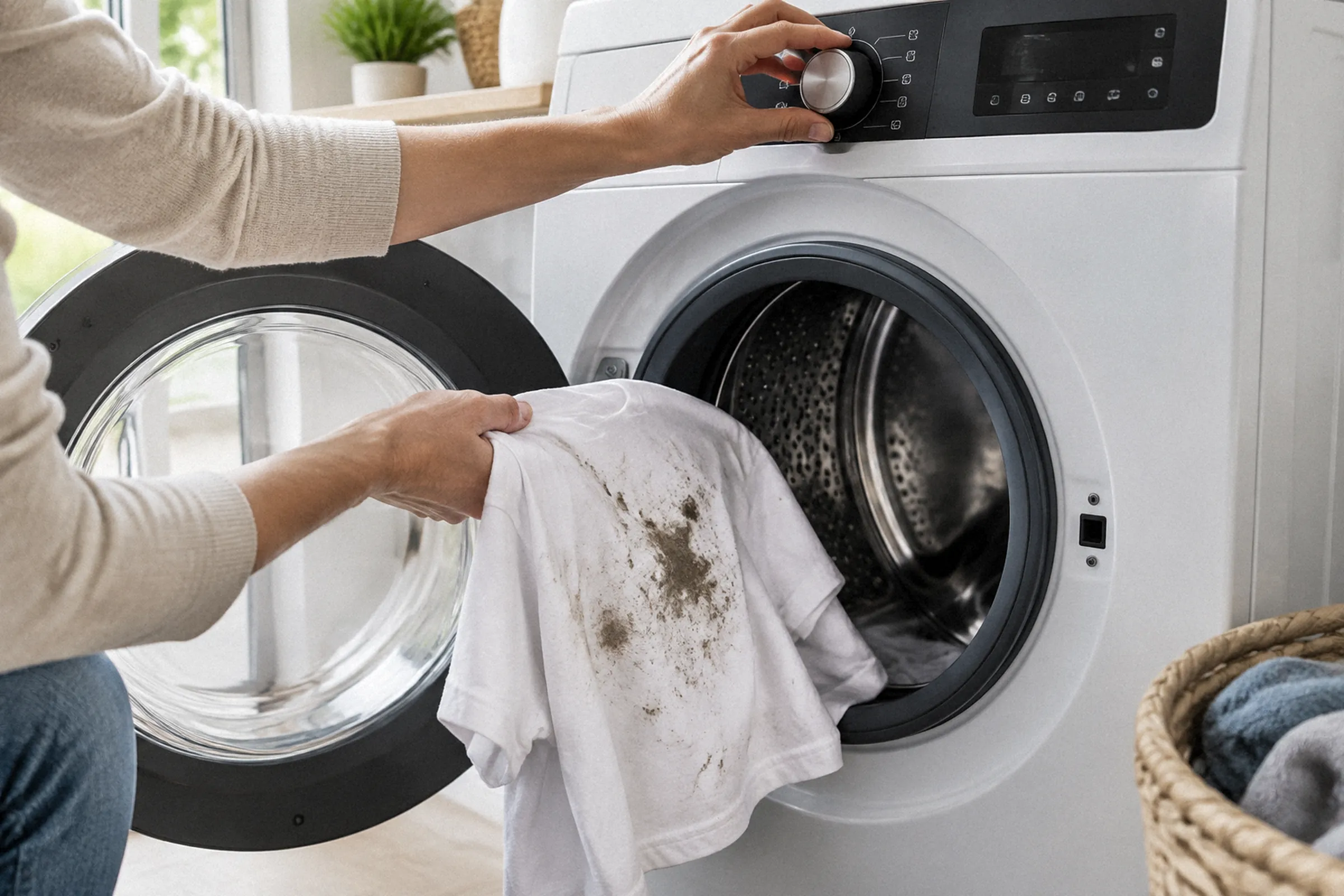 Pessoa coloca uma camiseta com manchas visíveis no tambor e seleciona no painel um ciclo para roupas muito sujas.