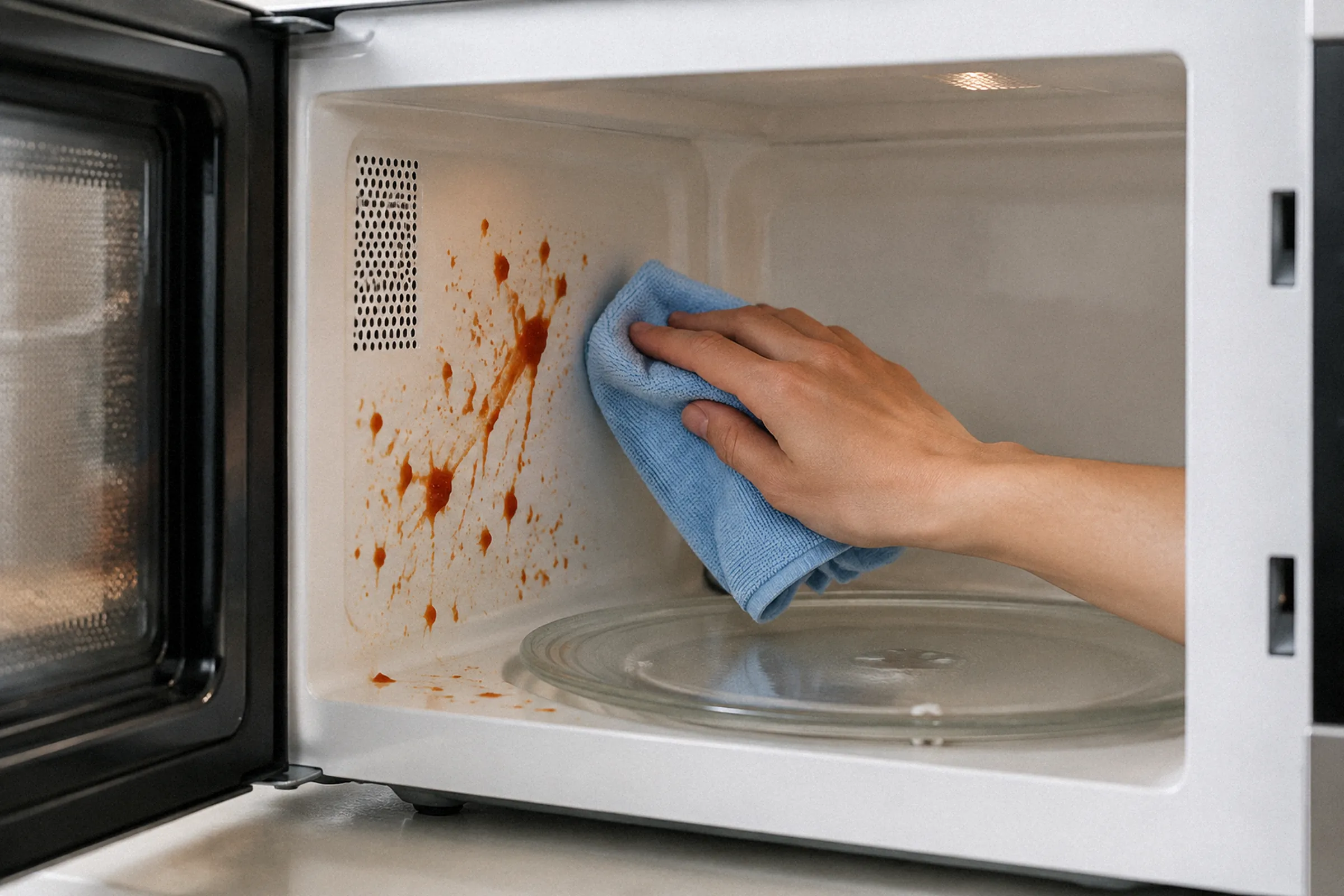 Mão passa um pano úmido na parede interna do micro-ondas aberto, ao lado de respingos visíveis de molho de tomate.