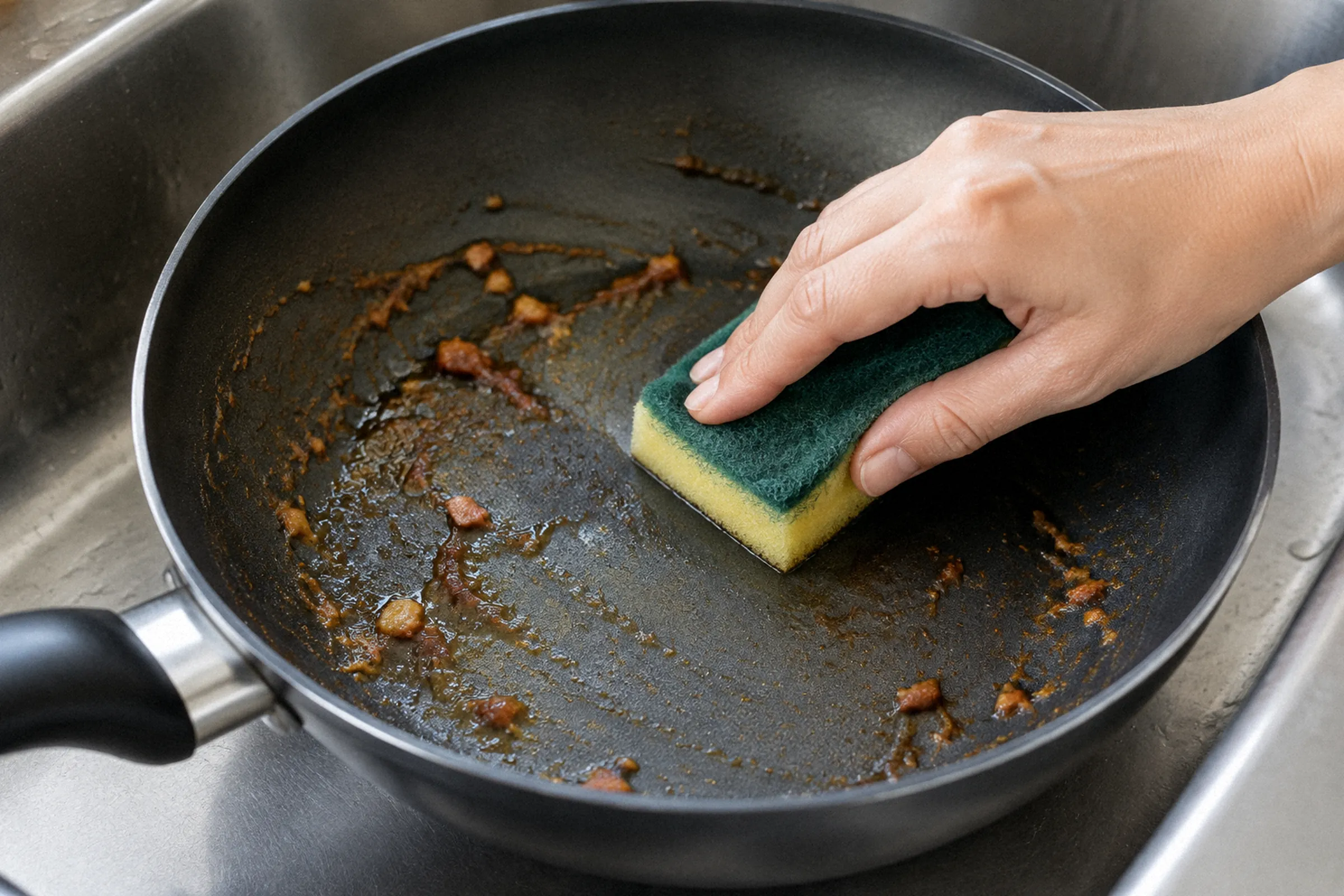Close no interior de uma frigideira na pia, com uma mão passando o lado macio da esponja sobre resíduos de alimento.