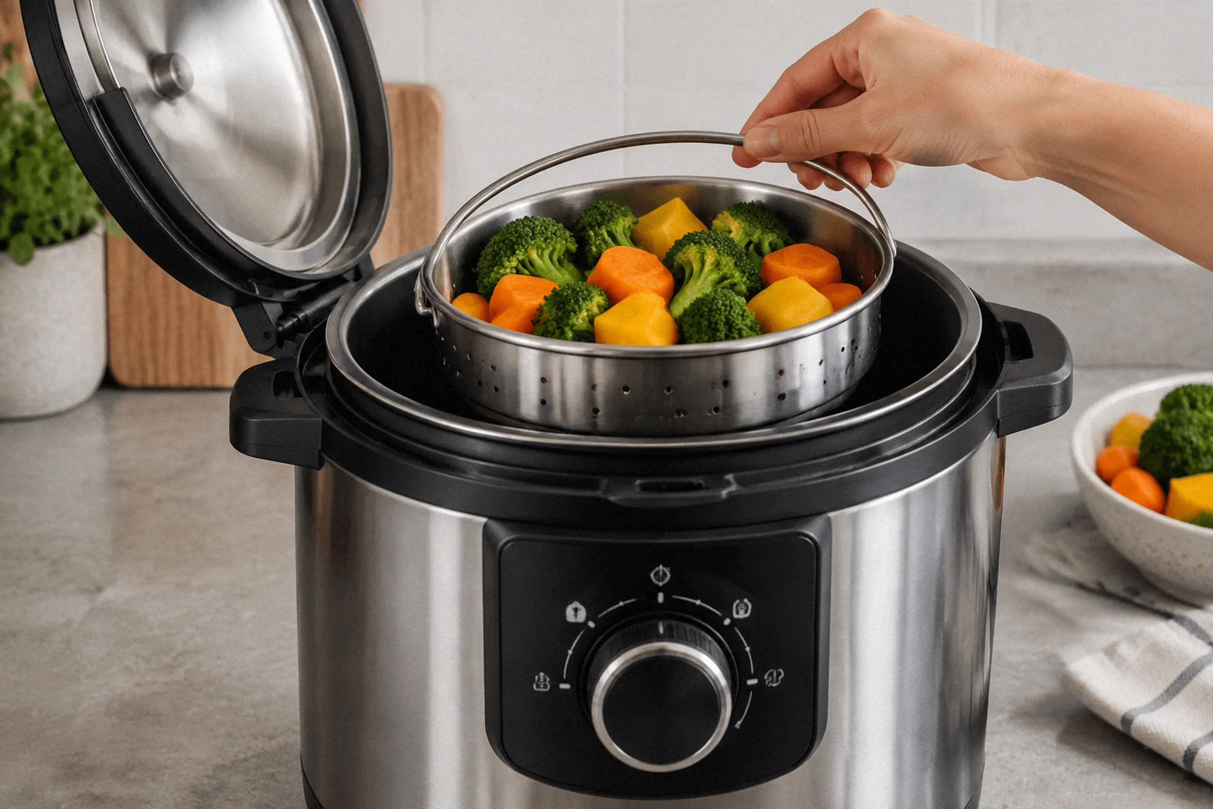 Uma cesta de vapor com legumes é colocada dentro da panela, com o seletor de pressão visível em primeiro plano.