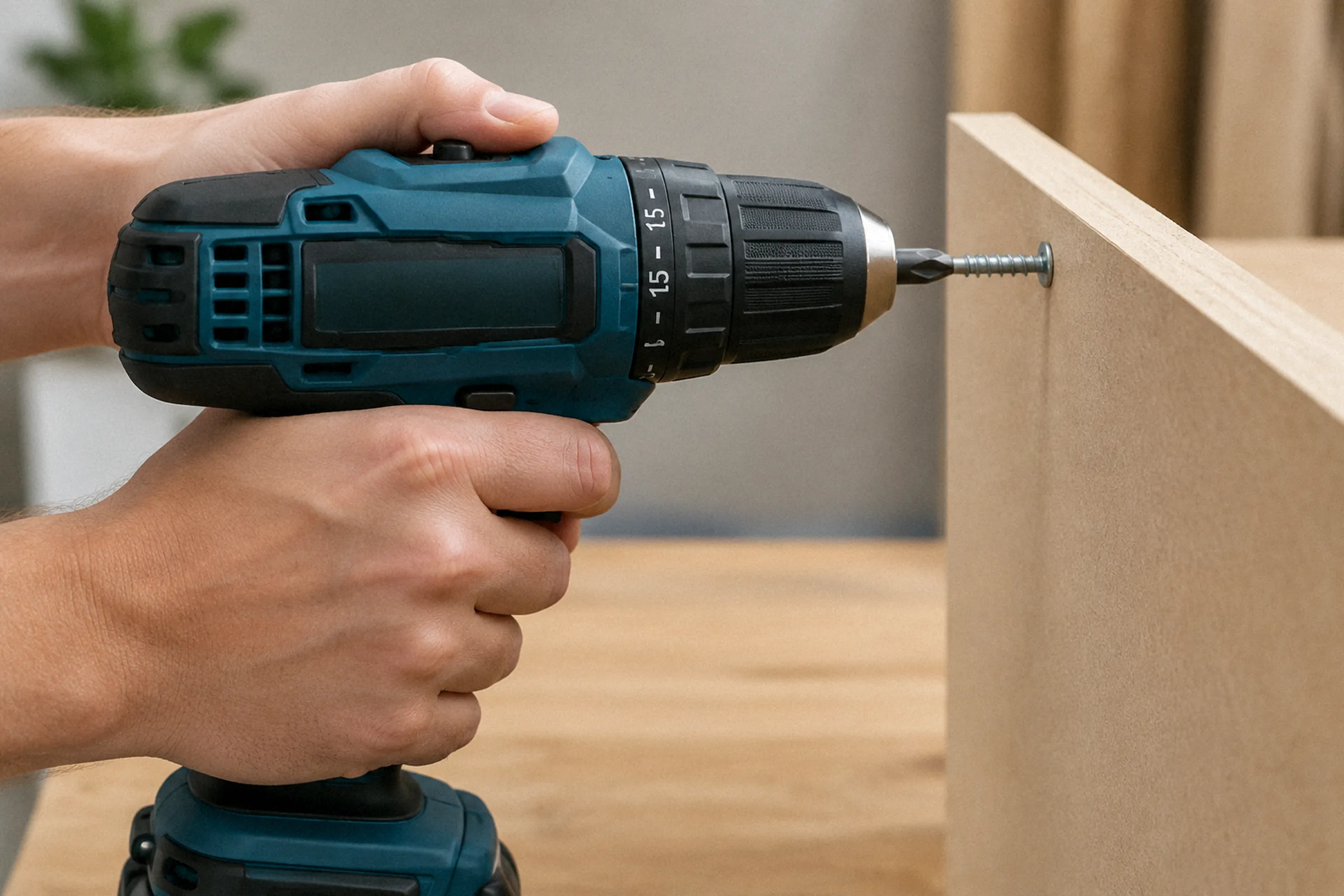 Close lateral das mãos alinhando uma parafusadeira com um parafuso na borda de uma placa de MDF, com o seletor de torque e a ponta do bit visíveis.