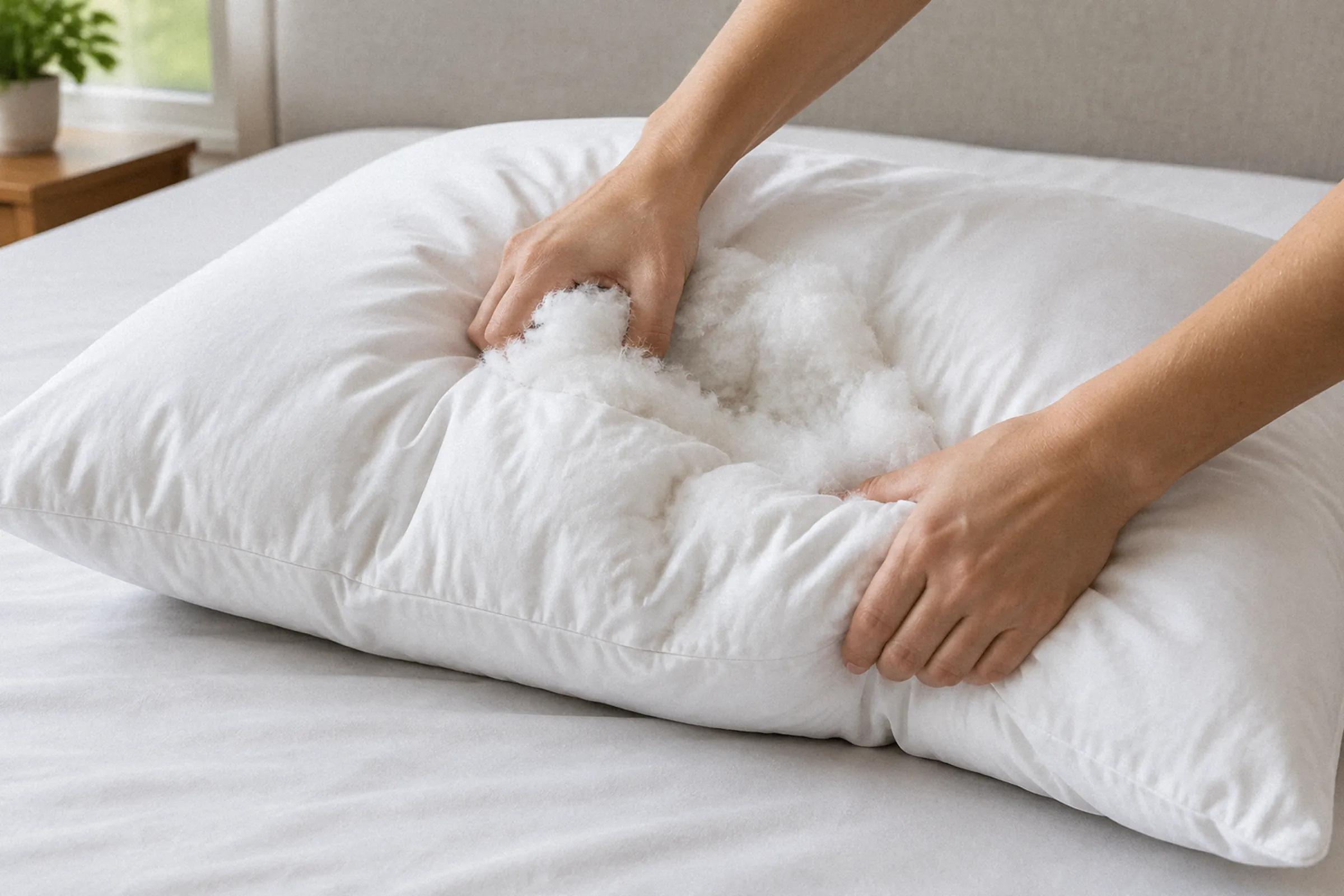 Duas mãos afofam e redistribuem o enchimento de um travesseiro de fibras sobre a cama, com áreas comprimidas claramente visíveis.