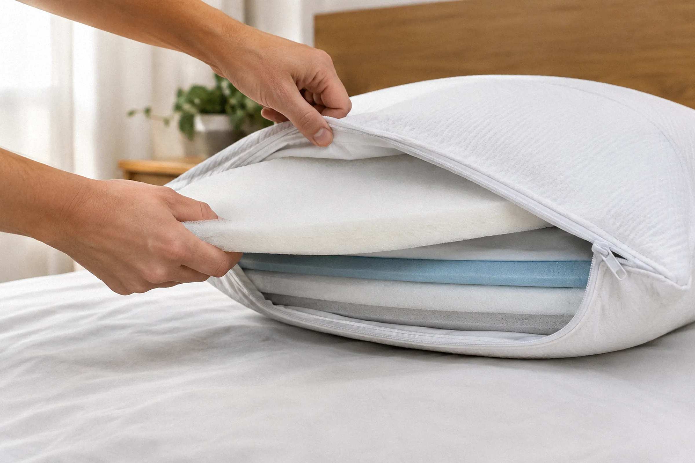 Pessoa abre o zíper do travesseiro e retira uma das camadas internas sobre a cama, com as demais lâminas visíveis em close lateral.