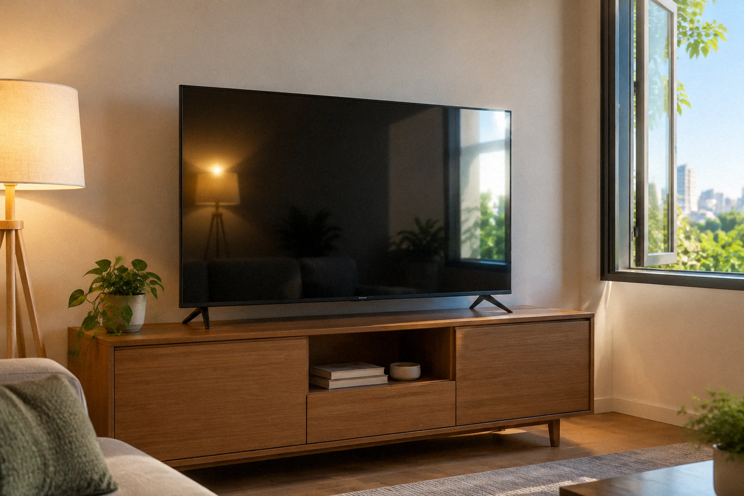 TV em frente a uma luminária acesa e ao lado de uma janela aberta, com os pontos de luz visíveis sobre o painel.