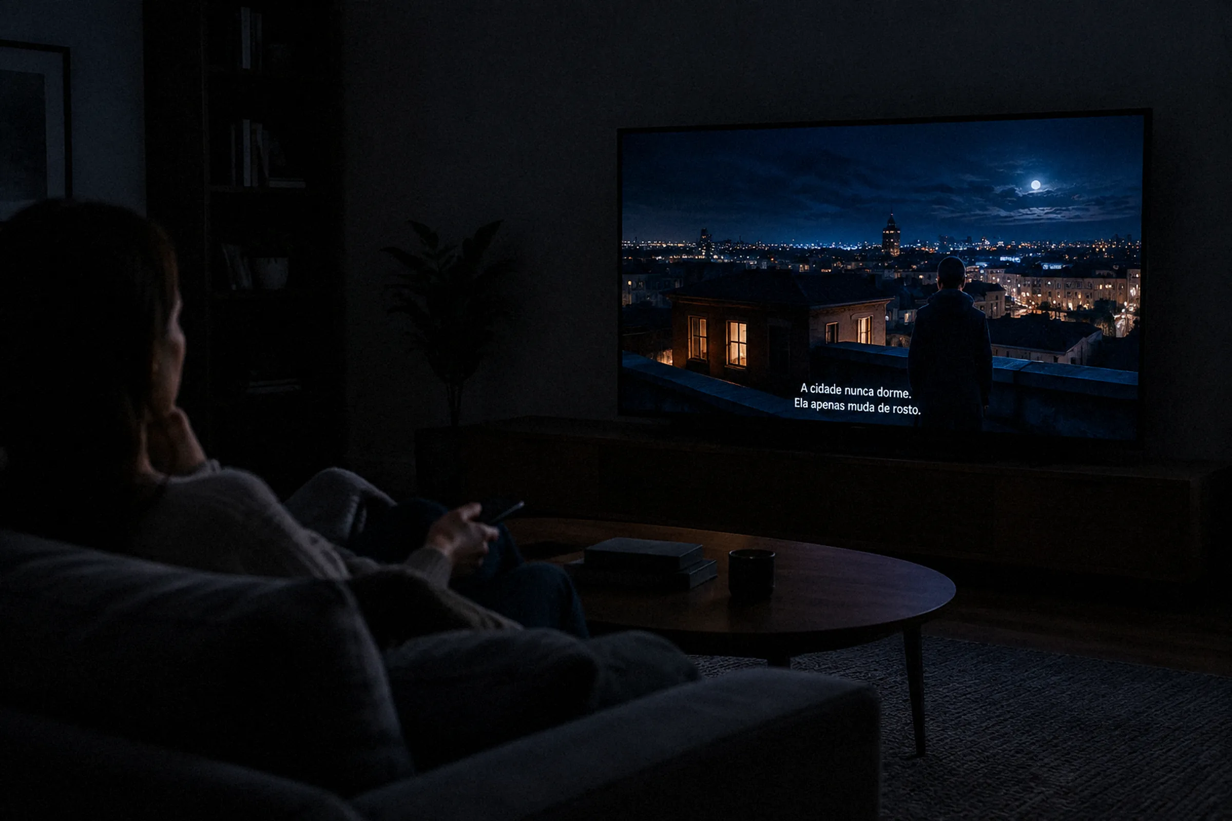 Pessoa assiste em uma sala sem iluminação a uma cena noturna com pequenas áreas luminosas e legendas na TV.