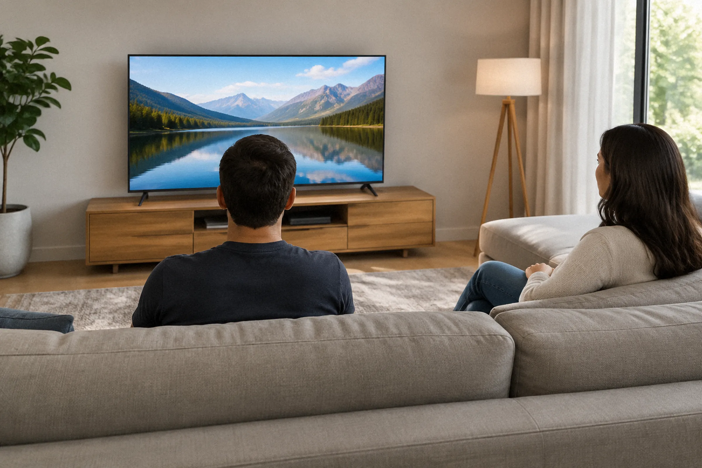Duas pessoas assistem à mesma TV, uma sentada de frente e outra na extremidade lateral de um sofá largo.