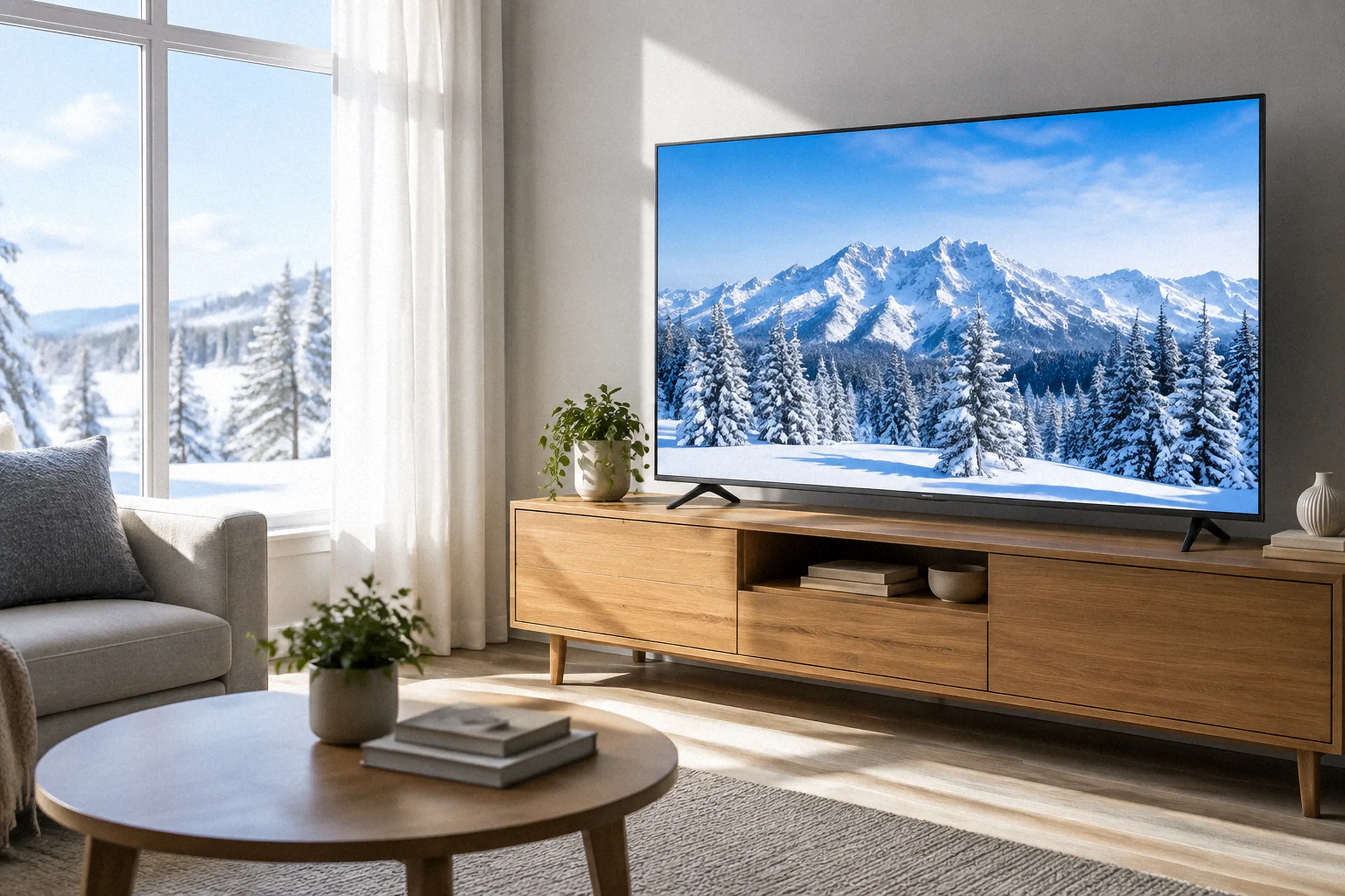 TV exibe uma paisagem nevada em uma sala iluminada por uma grande janela com as cortinas abertas.