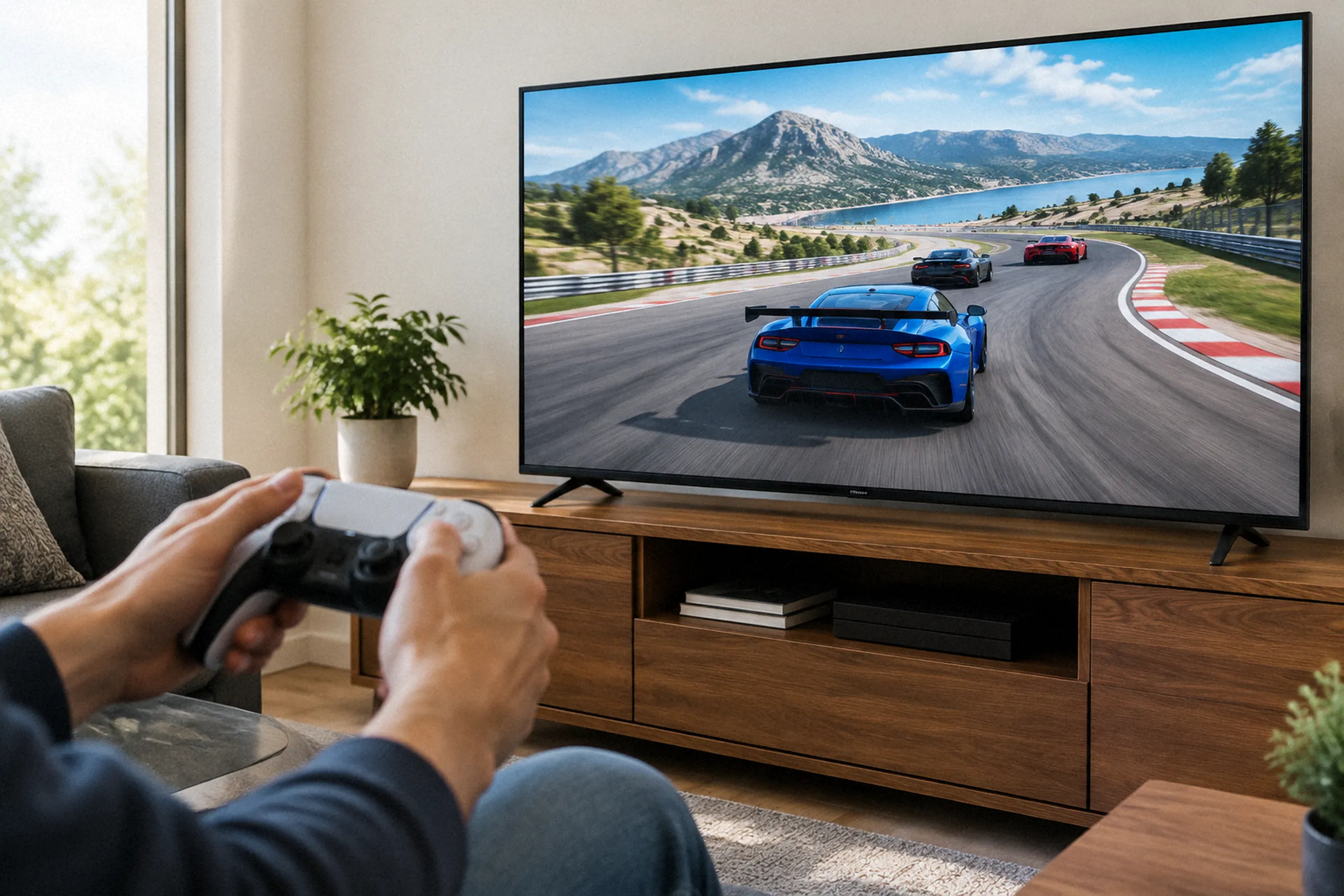 Pessoa movimenta um controle diante de uma TV que exibe um jogo de corrida com carros em uma curva.