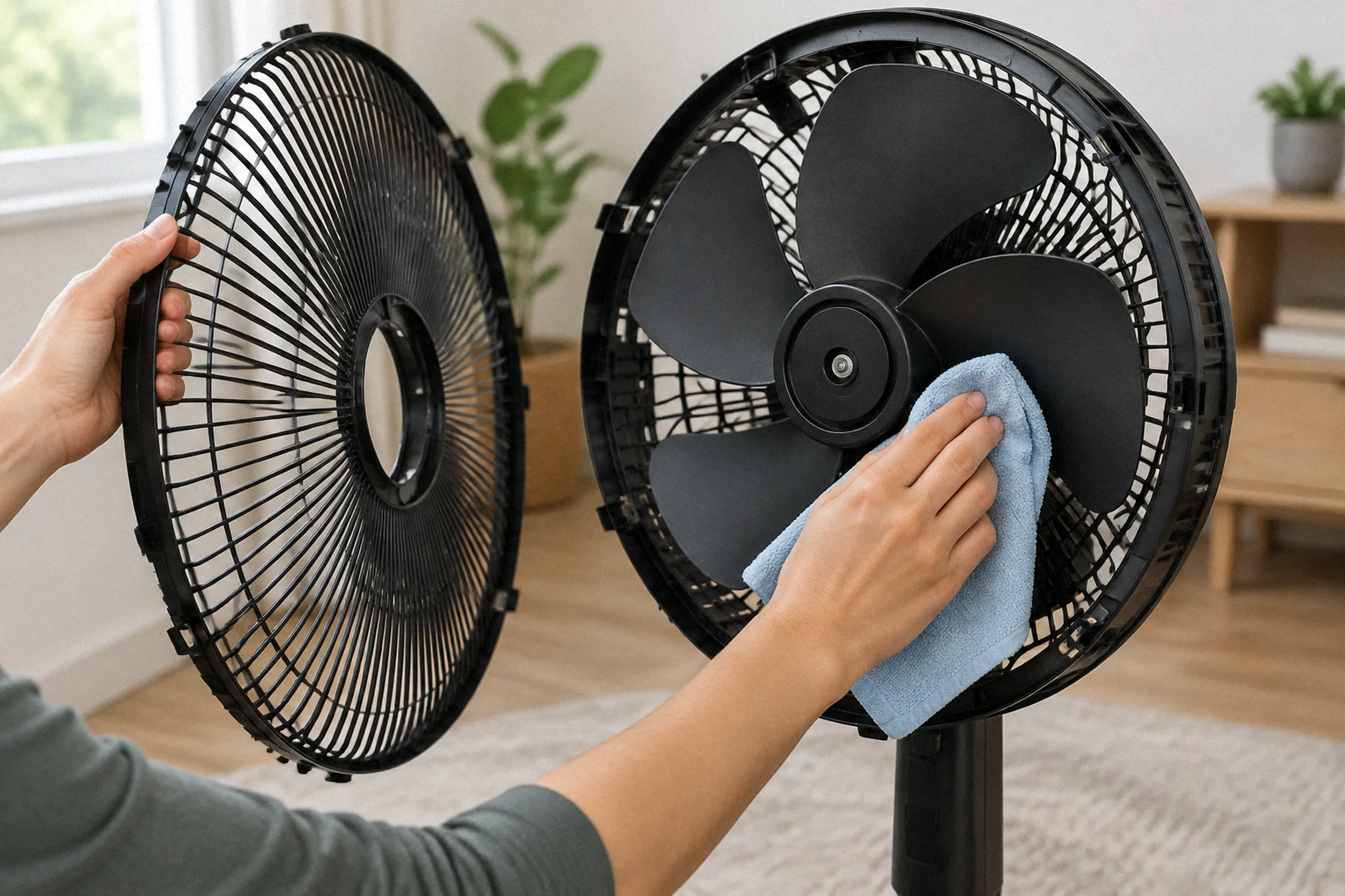 Em primeiro plano, uma pessoa remove a grade frontal do ventilador de coluna e passa um pano nas pás, com as travas e os encaixes visíveis.