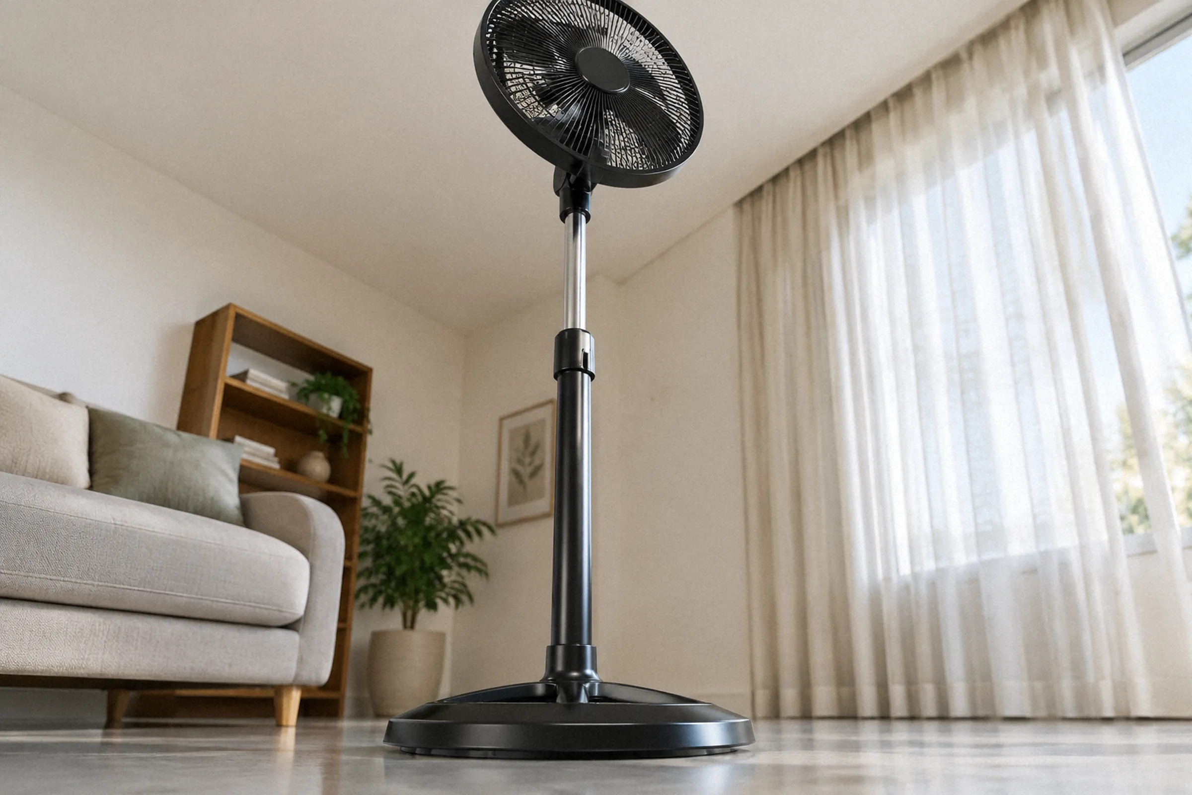 Ventilador com a haste telescópica estendida sobre piso liso, enquadrado de baixo para cima para destacar a base, a coluna e a articulação da cabeça.