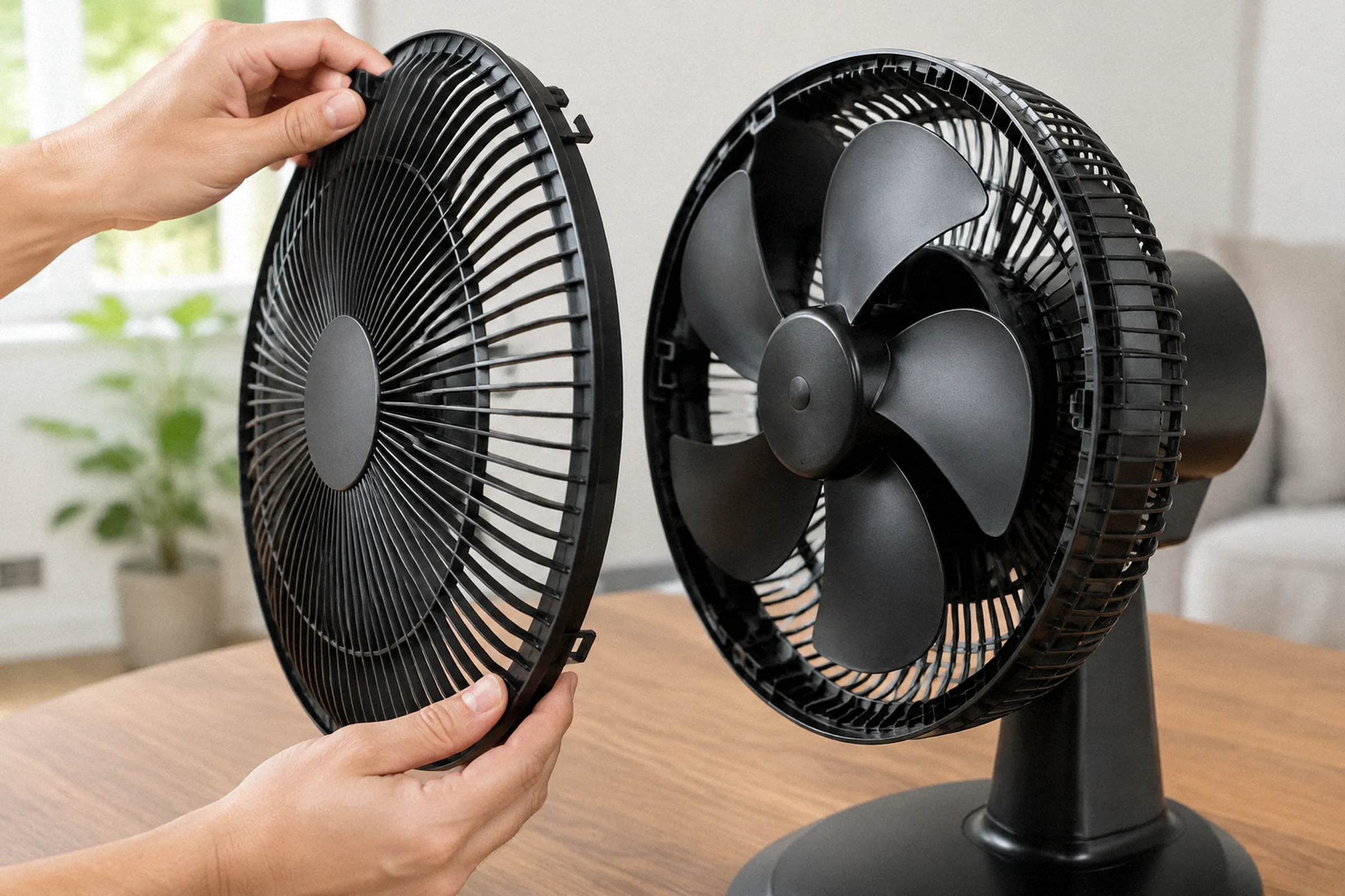 Close nas mãos soltando as presilhas externas da grade frontal, com a grade separada e a hélice acessível para limpeza.