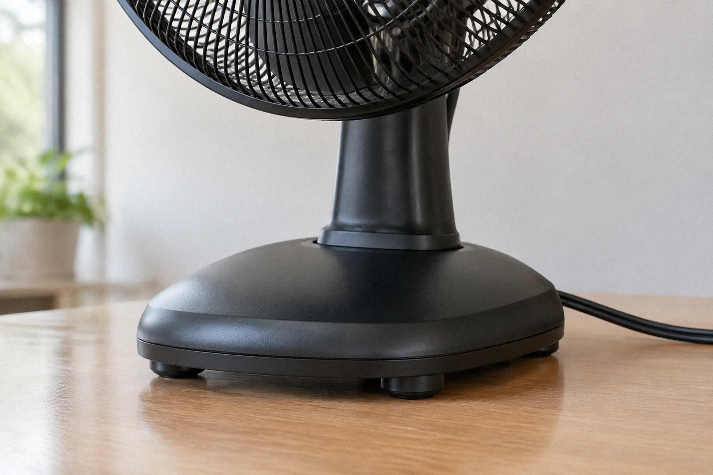 Ventilador apoiado sobre uma mesa lisa, com enquadramento baixo destacando a base inteira, os pés de apoio e o cabo corretamente acomodado.
