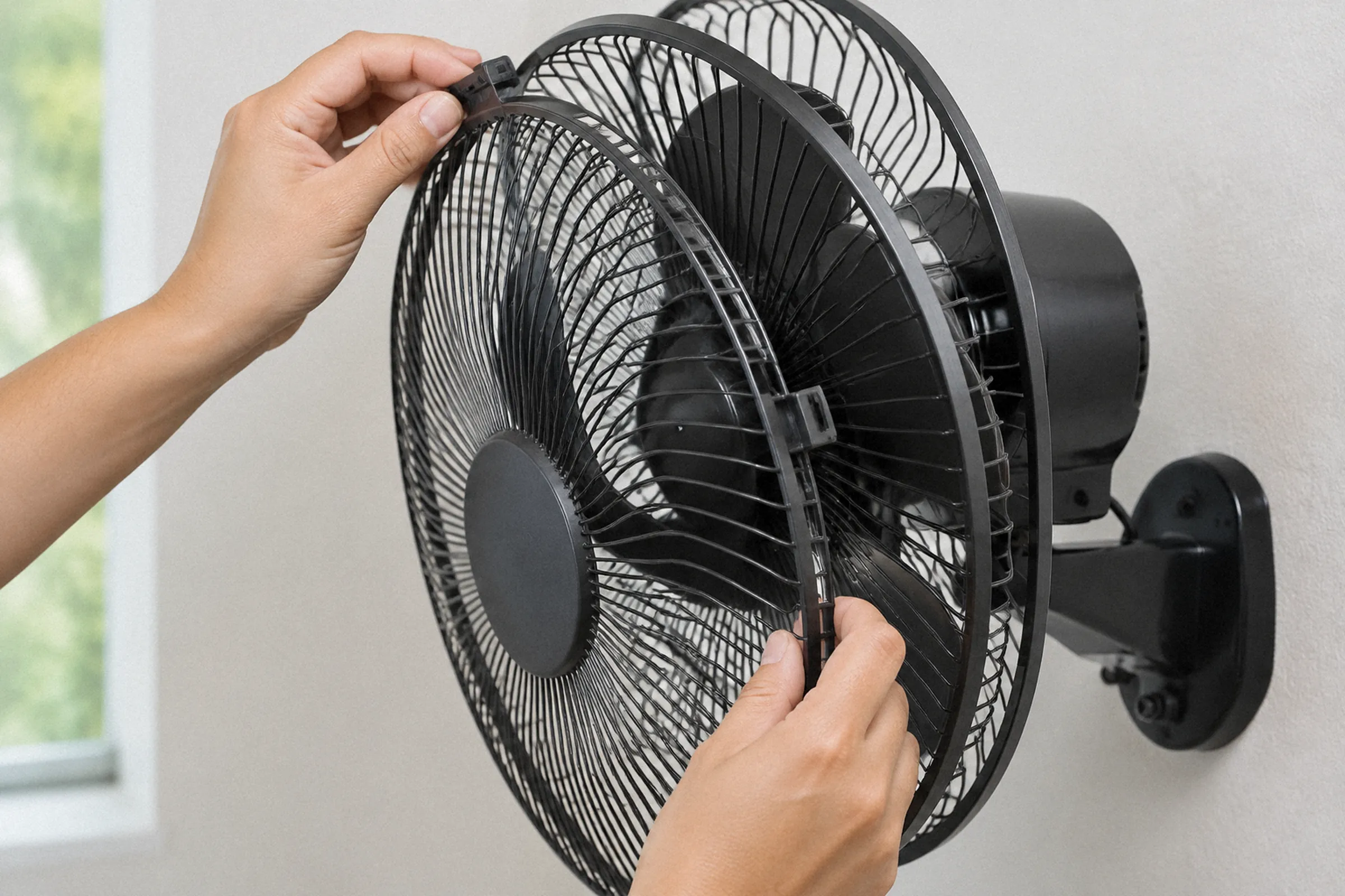 Close nas mãos soltando as presilhas e afastando a grade frontal de um ventilador fixado na parede.