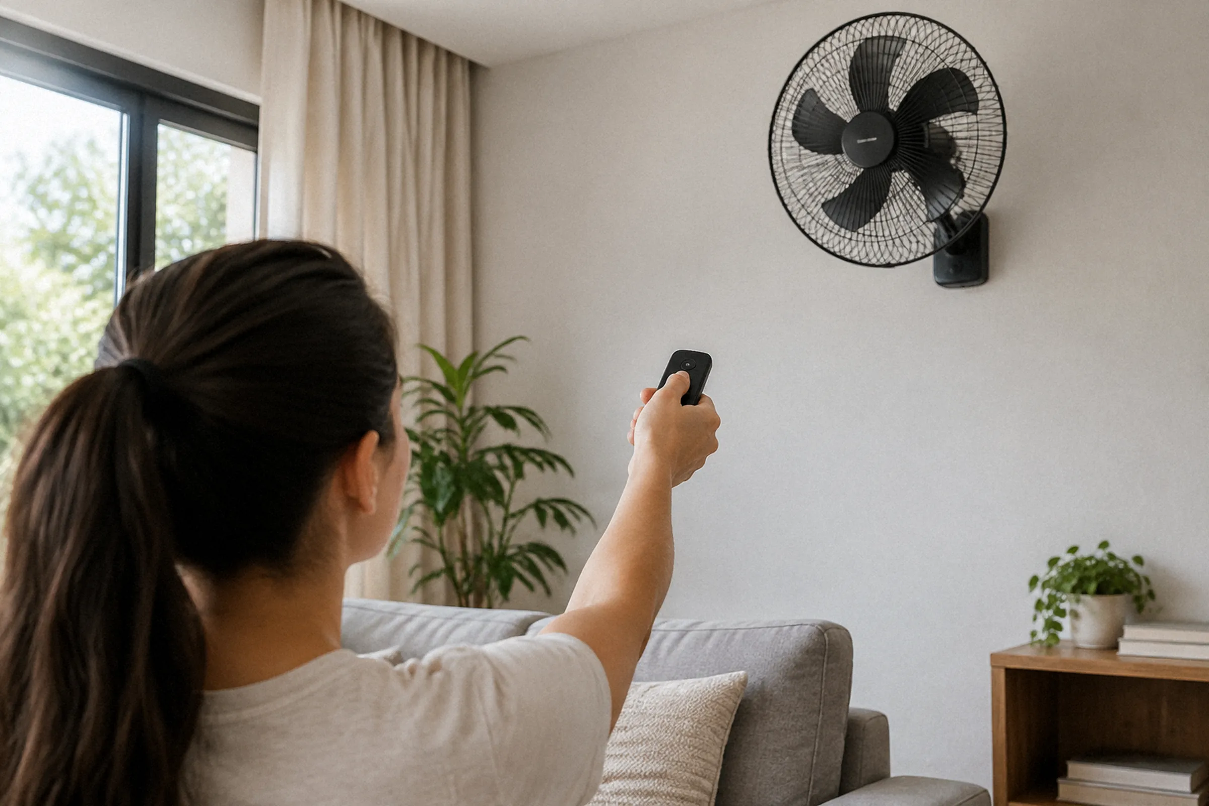 Uma pessoa no chão aponta um controle remoto para o ventilador instalado no alto da parede e pressiona um botão.