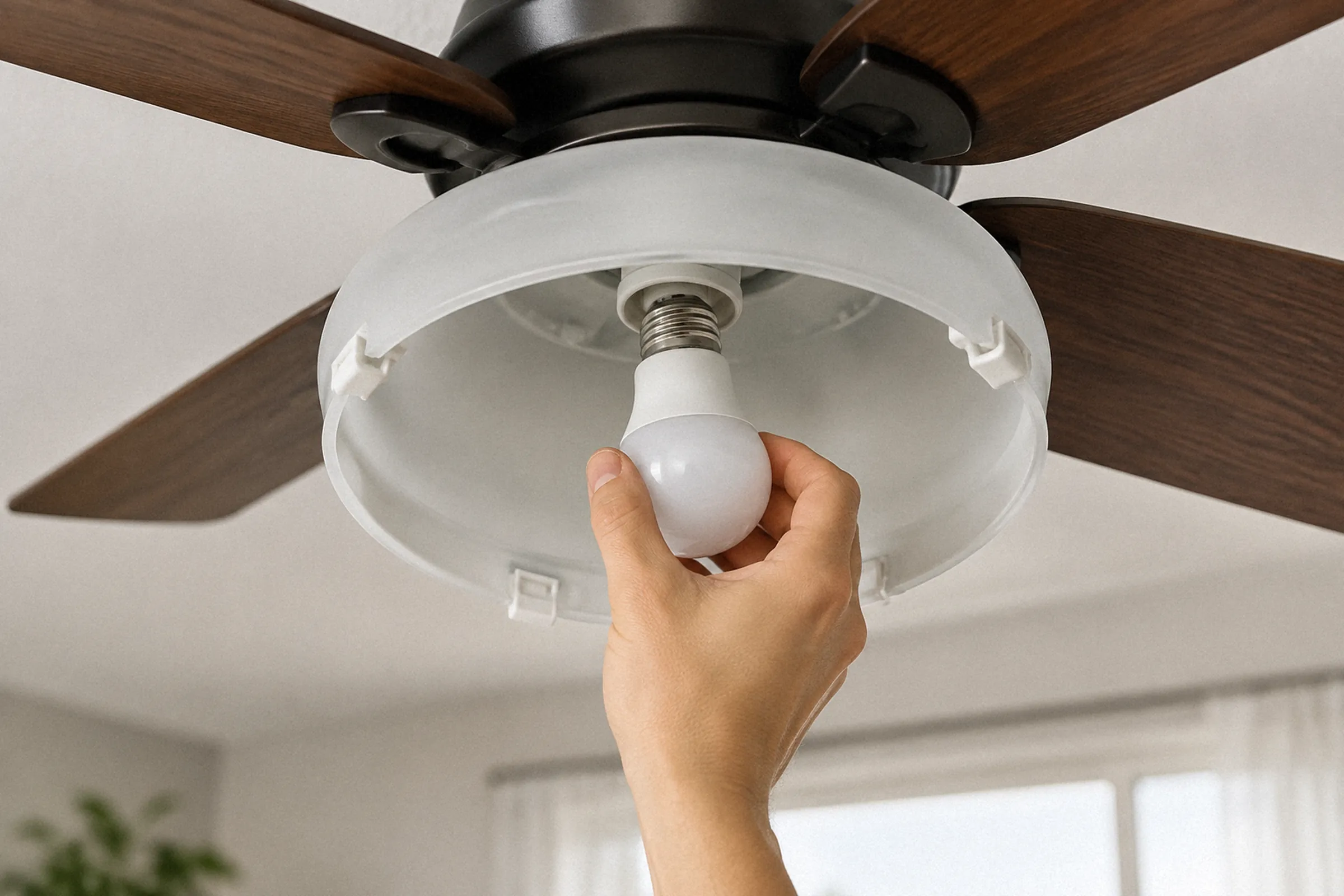 Close em uma mão rosqueando uma lâmpada dentro do globo aberto do ventilador, evidenciando o espaço disponível e as travas da cúpula.