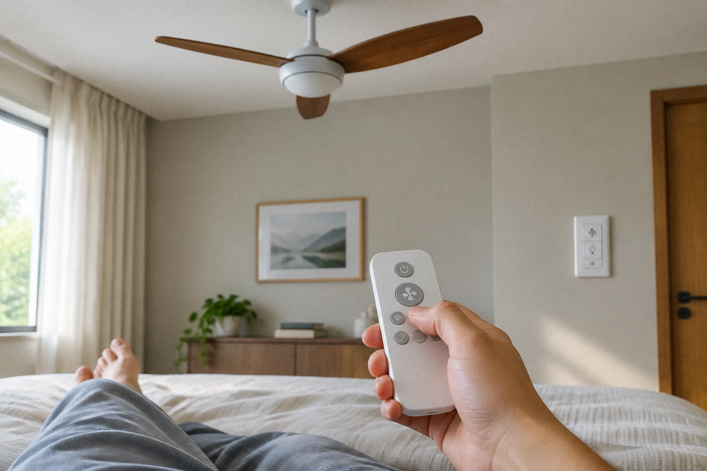 Pessoa deitada na cama aponta o controle remoto para o ventilador, com os botões em primeiro plano e o comando de parede visível ao fundo.